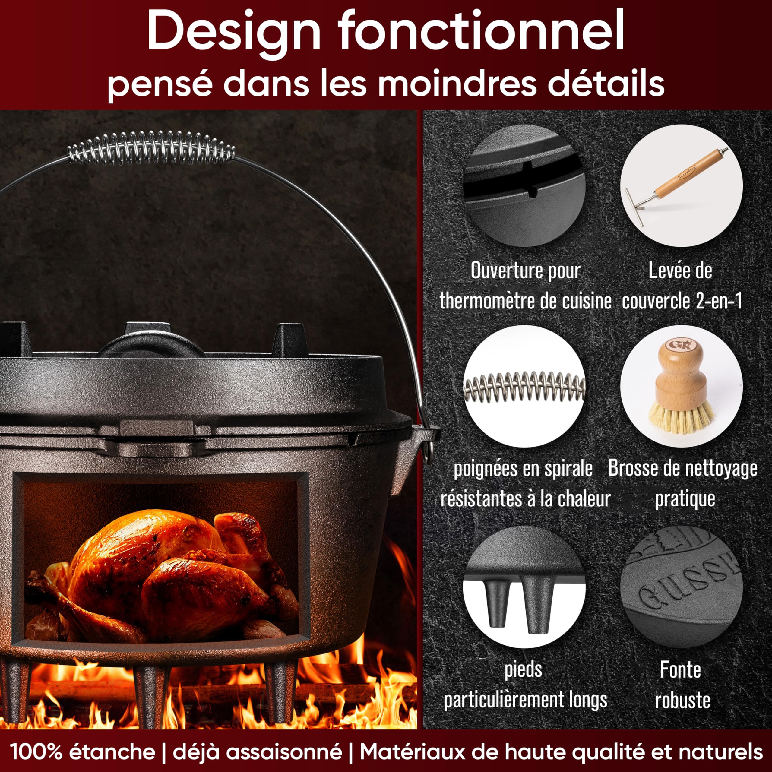GUSSKÖNIG Ensemble de Dutch Oven - Dutch Oven de 12 Litres déjà culotté - Cocotte en fonte avec pieds - Pot de cuisson multifonction - avec lève-couvercle 2 en 1, brosse [pour 8-10 personnes]