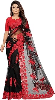BARKIYA CREATION Women's Embroidered Work Net Fabric Saree With Unstitch Blouse Piece