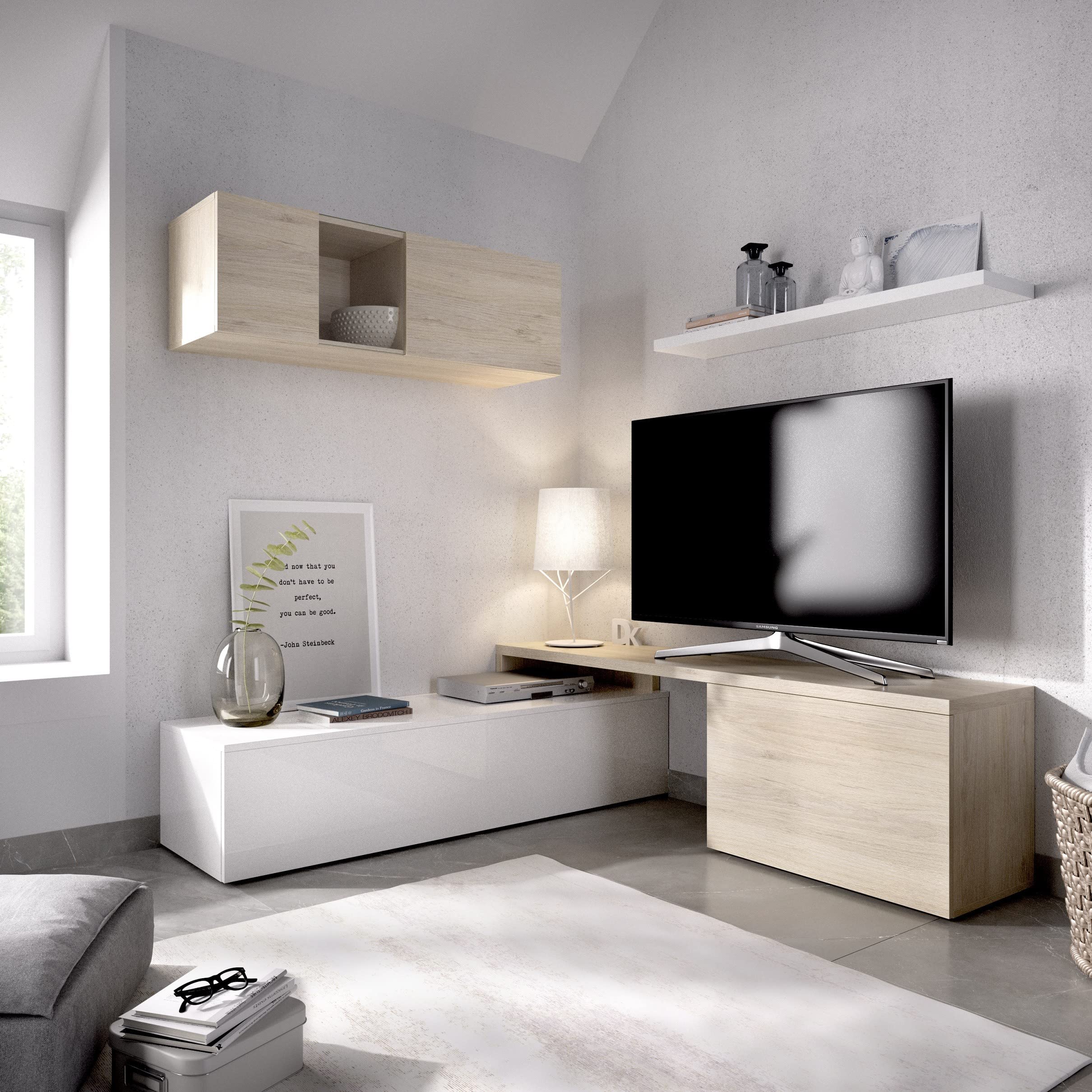 Parete attrezzata porta Tv 201 cm Marylin Bianco lucido e Rovere Naturale - Bianco e Naturale