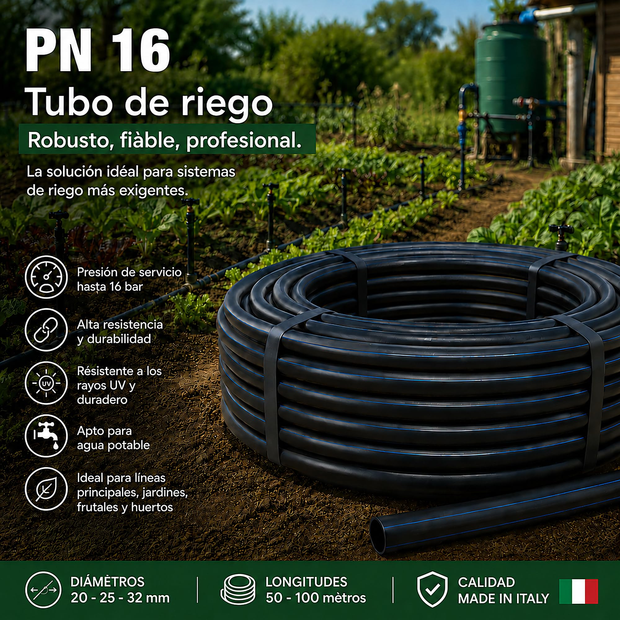 ESTO Tubo de Riego 16 PN 50 o 100 metros ⌀ 20 25 32, Tubo de Agua para Jardín, Tubo de Polietileno de Alta Densidad, Riego de Alta Presión, Huerto, Tubo para Riego (Ø 25mm, 100 metros)