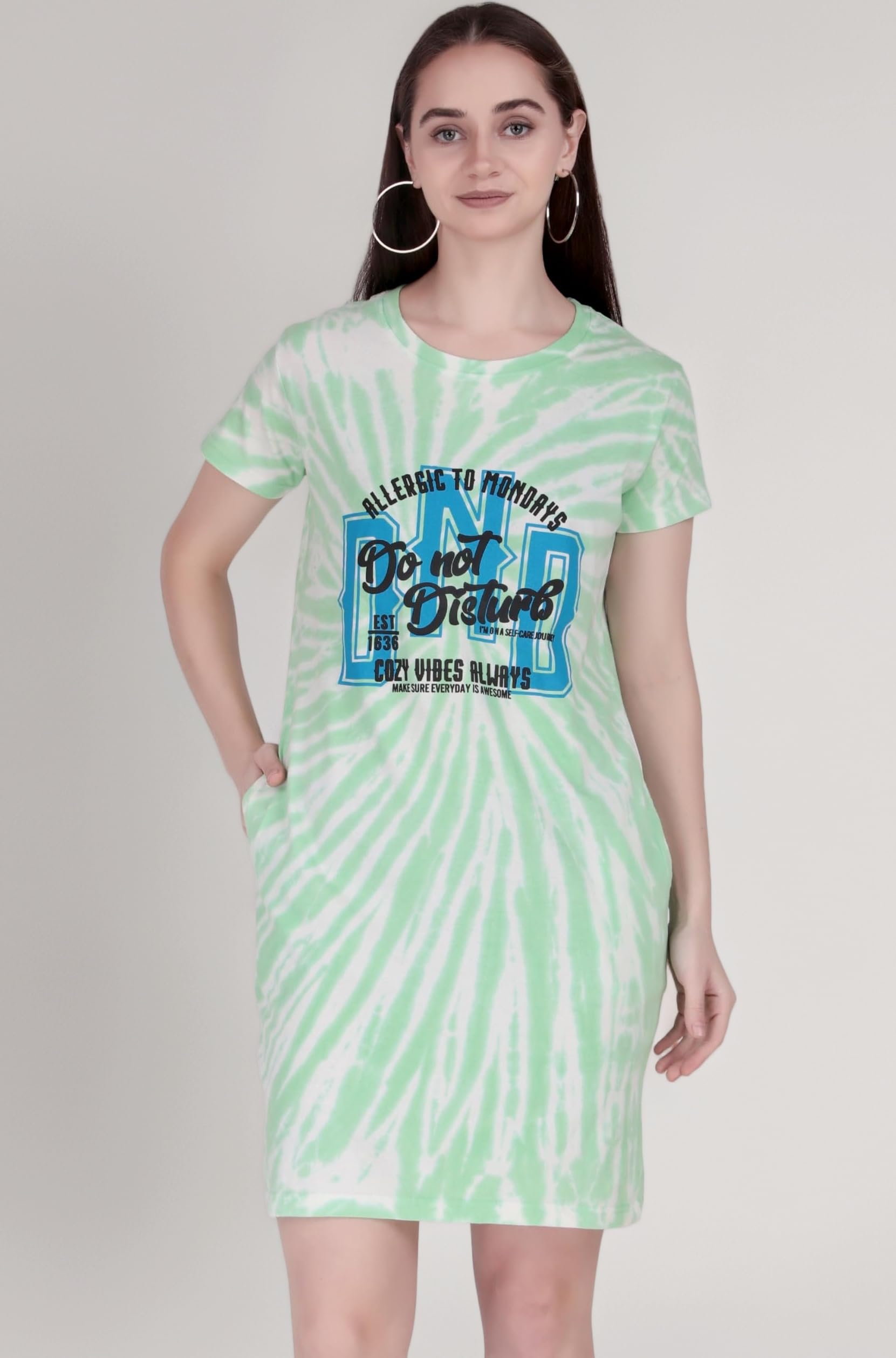 Women Cotton Long Tie Dye T-Shirt in Knee Length with Side Pockets Include Plus Sizes (Size S -5XL)