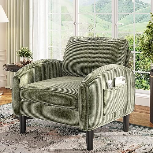 Accent Chair for Living Room,Mid Century Modern Reading Chair for Bedroom,Comfy Armchair with 2 Side Pockets,Upholstered Single Sofa Side Chair for Apartment,Waiting Room,Green