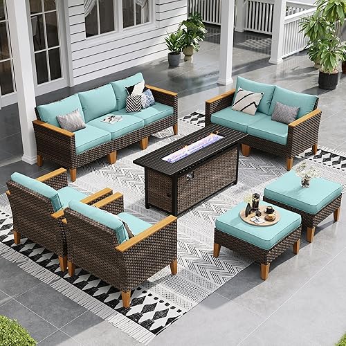 Sophia & William Patio Furniture Set with 56" Fire Pit Table, 10PCS Outdoor Wicker Sectional Conversation Set with 4 Corner Sofa, 3 Single Couch, 2 Ottoman & Fire Pit Table(Aqua Blue)