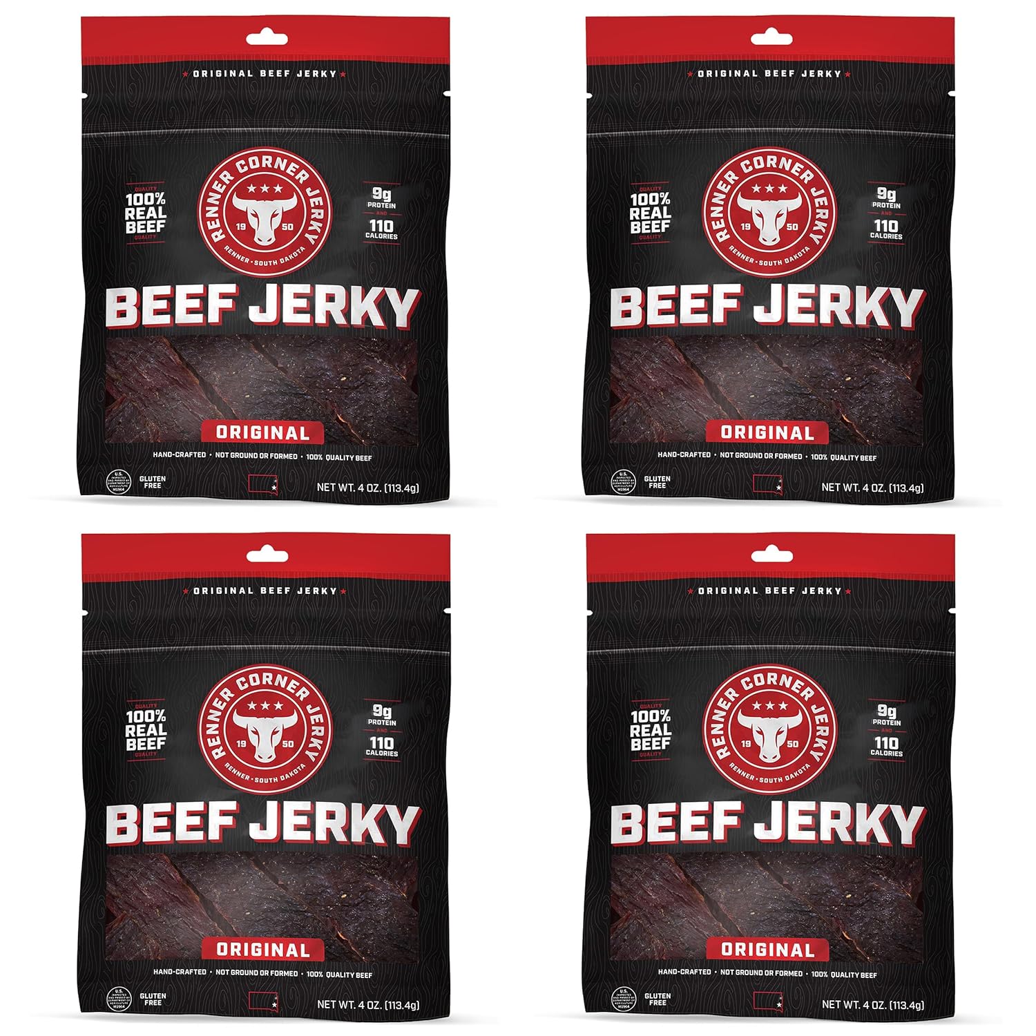 Renner Corner Jerky's Original Beef Jerky 4pk (4oz) - 100% Natural, Handcrafted Premium Beef, Made in South Dakota, No Additives or Chemicals, Smokehouse Cured, Never Processed