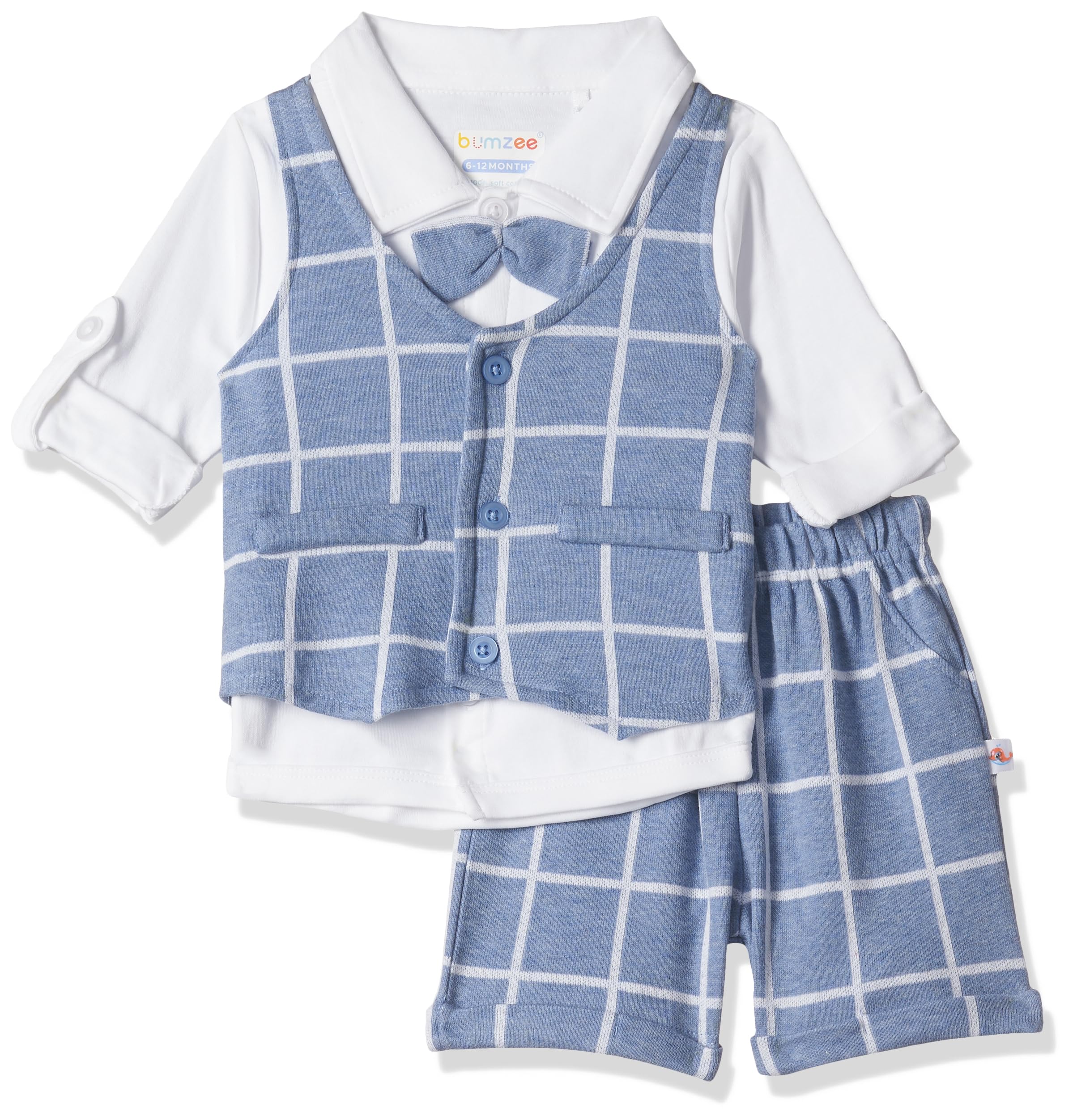 BUMZEESky Blue & White Boys Half Sleeves Shirt Waistcoat & Short Set with Applique Bow Age - 0-6 Months (Peb8055B-sbl.wht)