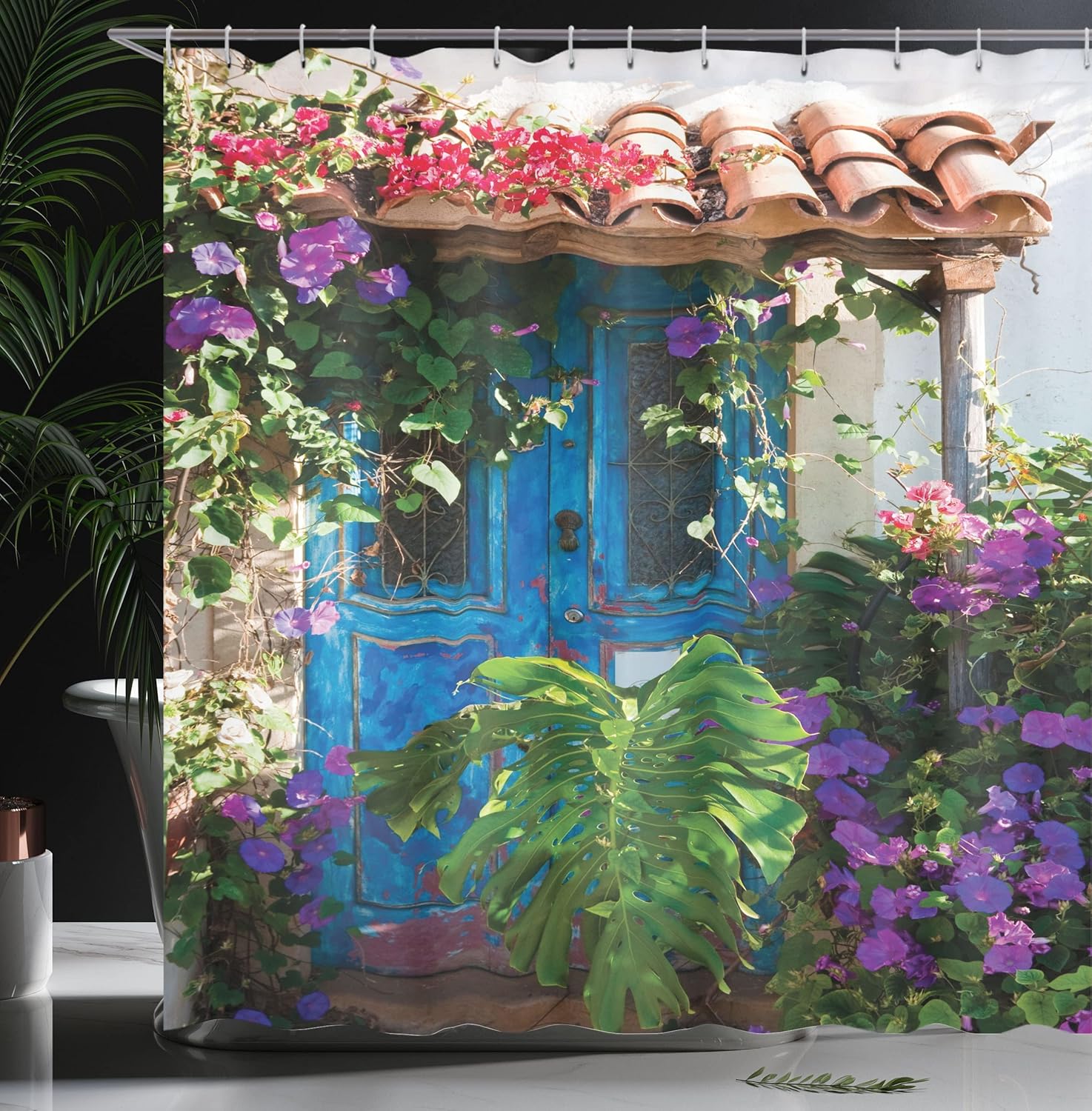 Ambesonne Rustic Shower Curtain, Old Door Overgrown Exotic Flower Petals Nature Palm Leaves Scene Artwork Print, Cloth Fabric Bathroom Decor Set with Hooks, 69" W x 75" L, Forest Green Sea Blue Brown