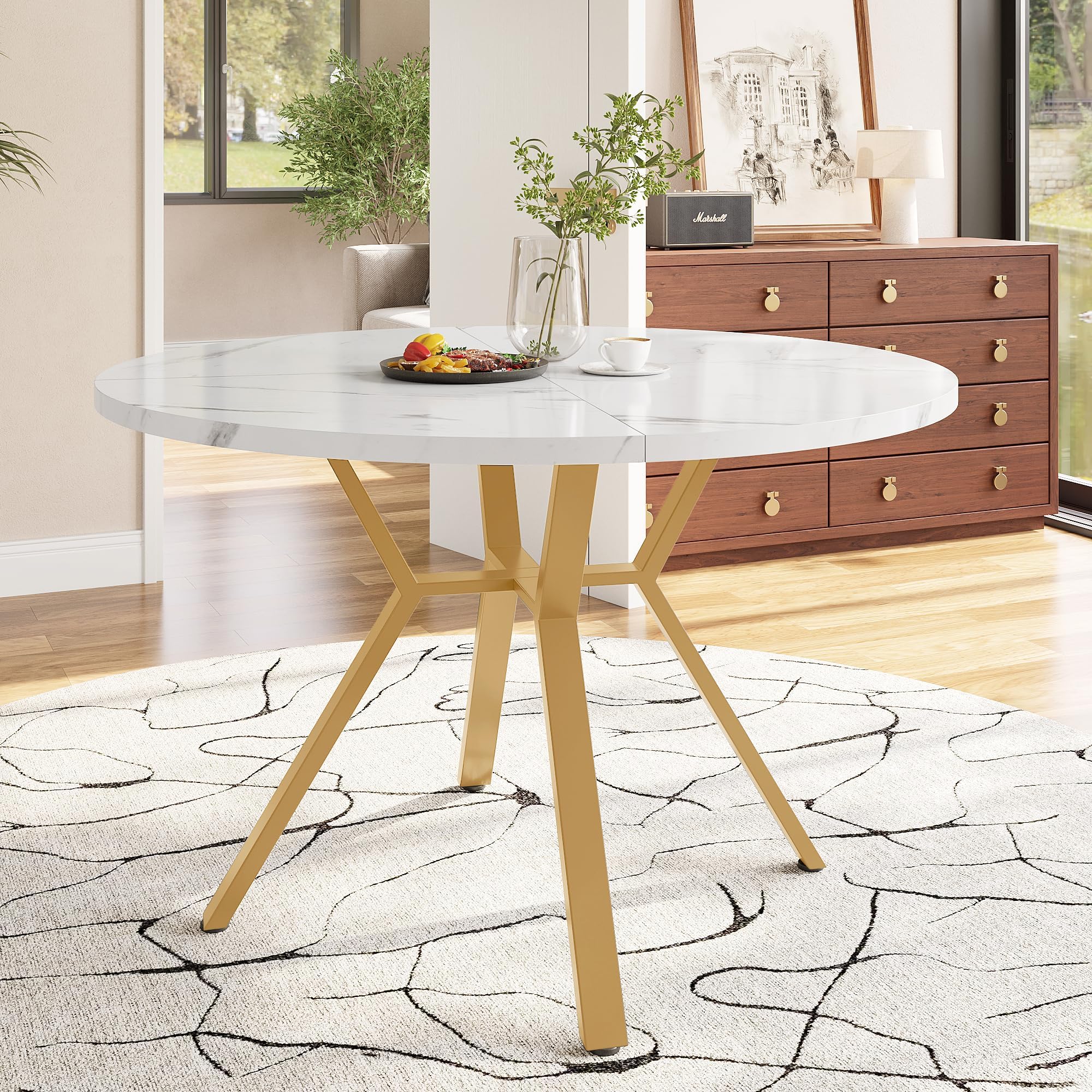 Merax Round Marble Dining Table 100x100x75 cm – Modern White Marble Effect Kitchen Table with Gold X-Frame Metal Legs, Small Space Dining Table - White