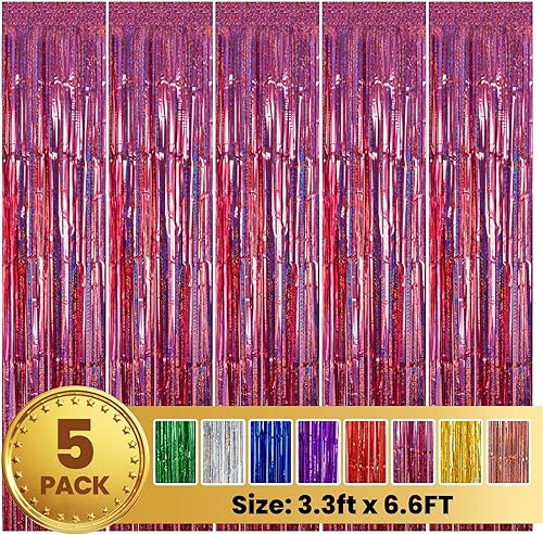 PABUES Paquete de 5 cortinas de oropel rosa láser de 3.3 x 6.6 pies, cortina de flecos de lámina con purpurina para cumpleaños, graduación,