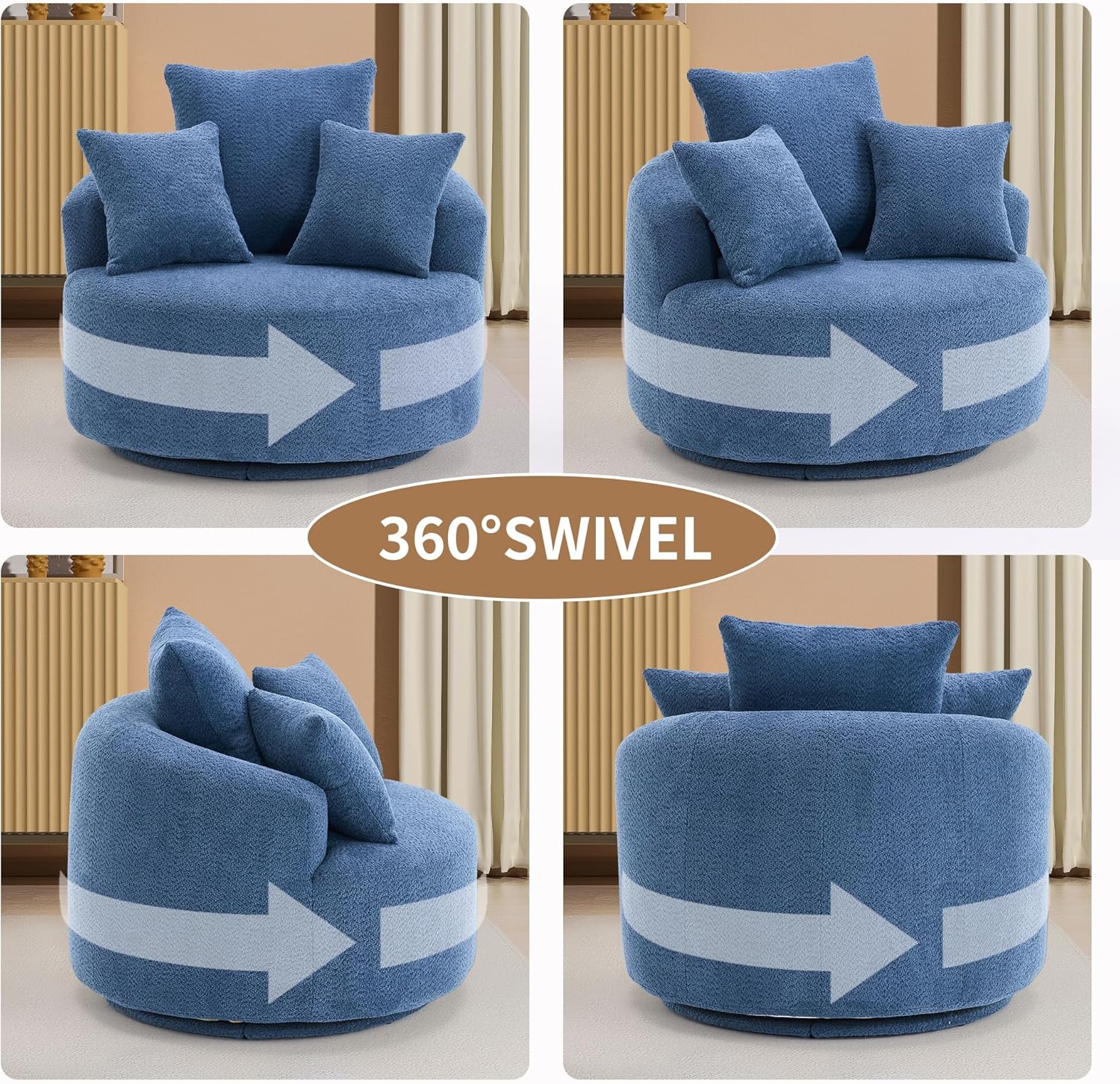 38.58 Inch Single Seat Swivel Sofa Chair,Classical Barrel Shaped Couch,Crochet Yarn Fabric Couches with 3 Pillows,Modern Compressed Sofas for Home Living Room Office Hotel Apartment