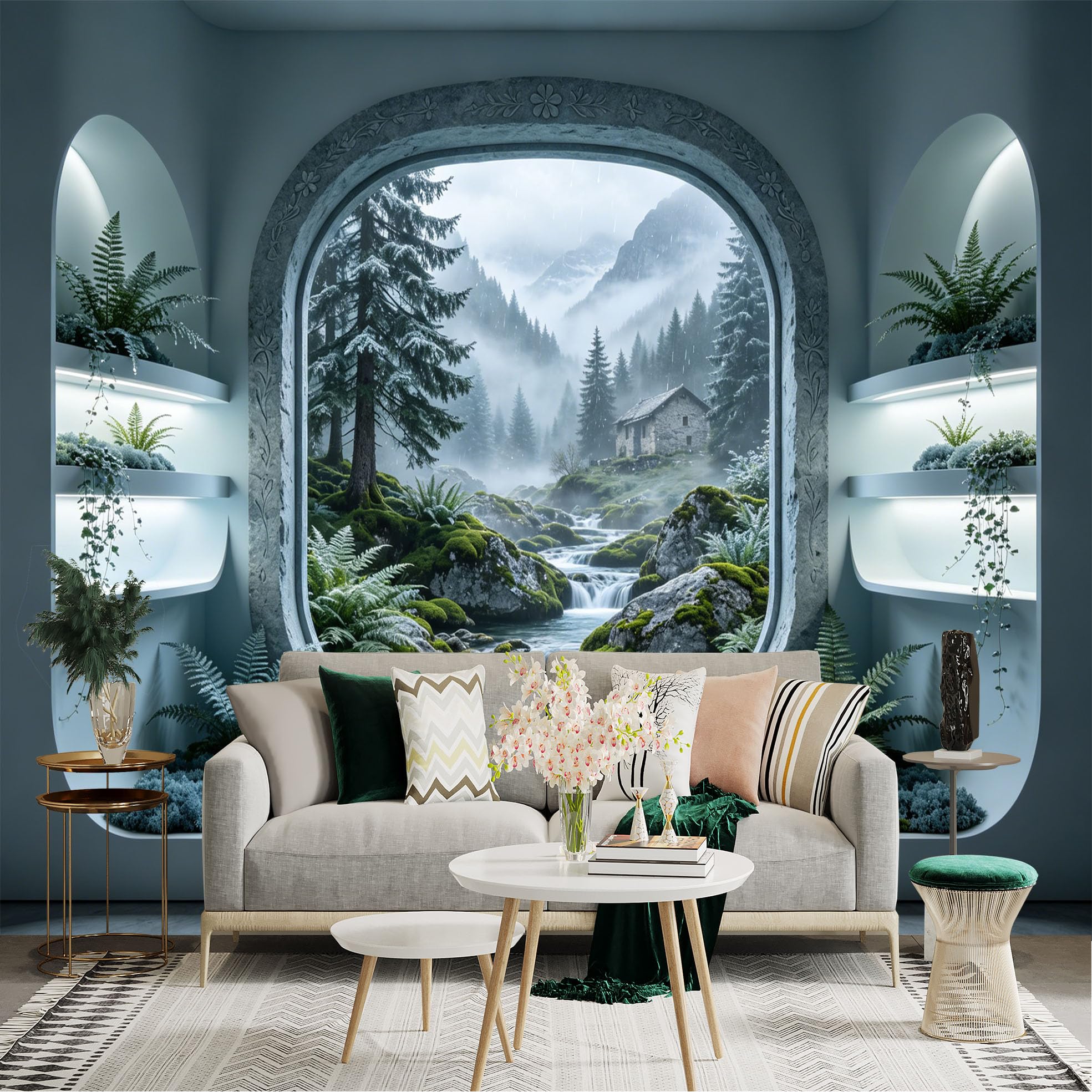 Custom Size Wall Sticker Mural， Mountain Cabin with Waterfall Forest and Misty Landscape， for wall Decoration， peelandstick wall Decals.