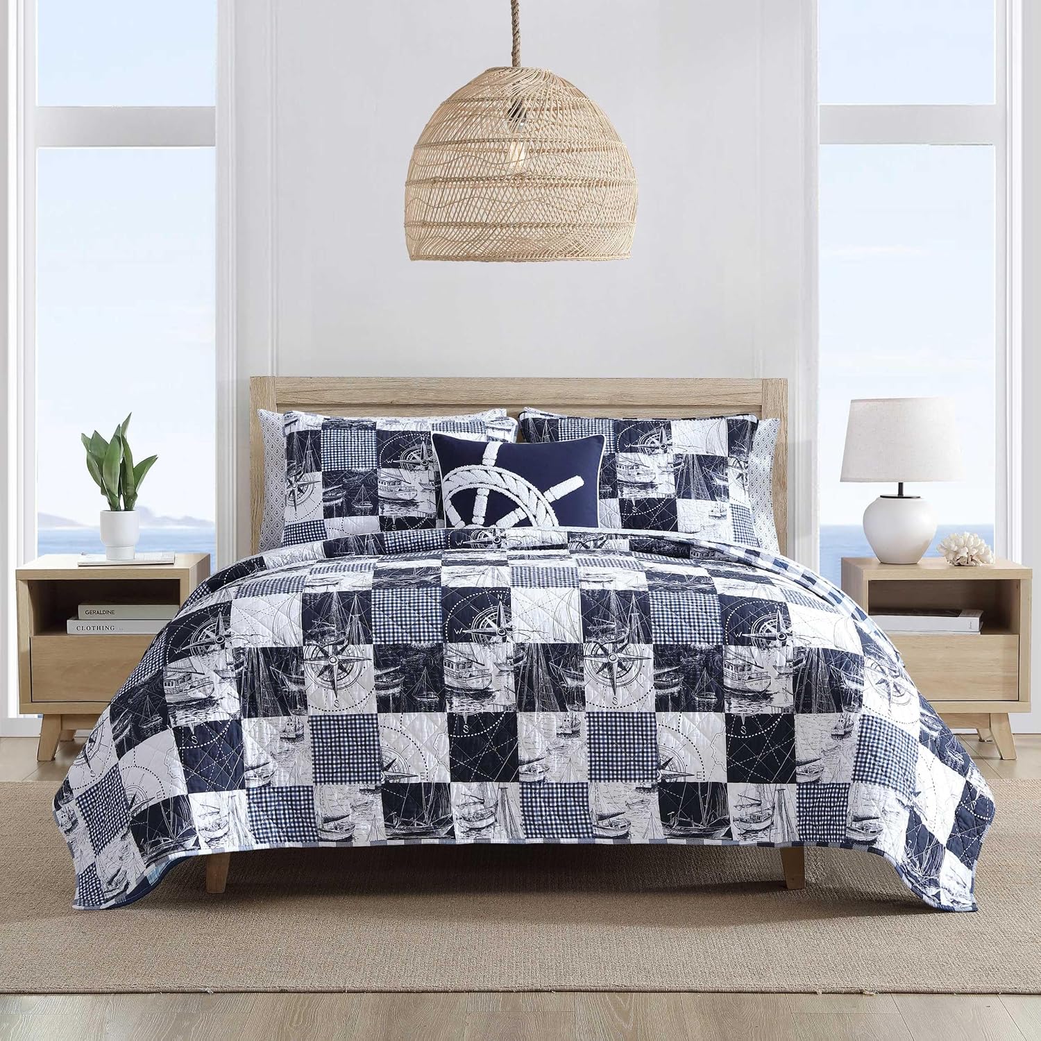 Nautica - Twin Quilt Set, Soft & Reversible Cotton Bedding with a Smooth Finish, 2 Piece Coastal Bed Set with Matching Pillowcase (Sailors Patchwork/Gingham Blue)