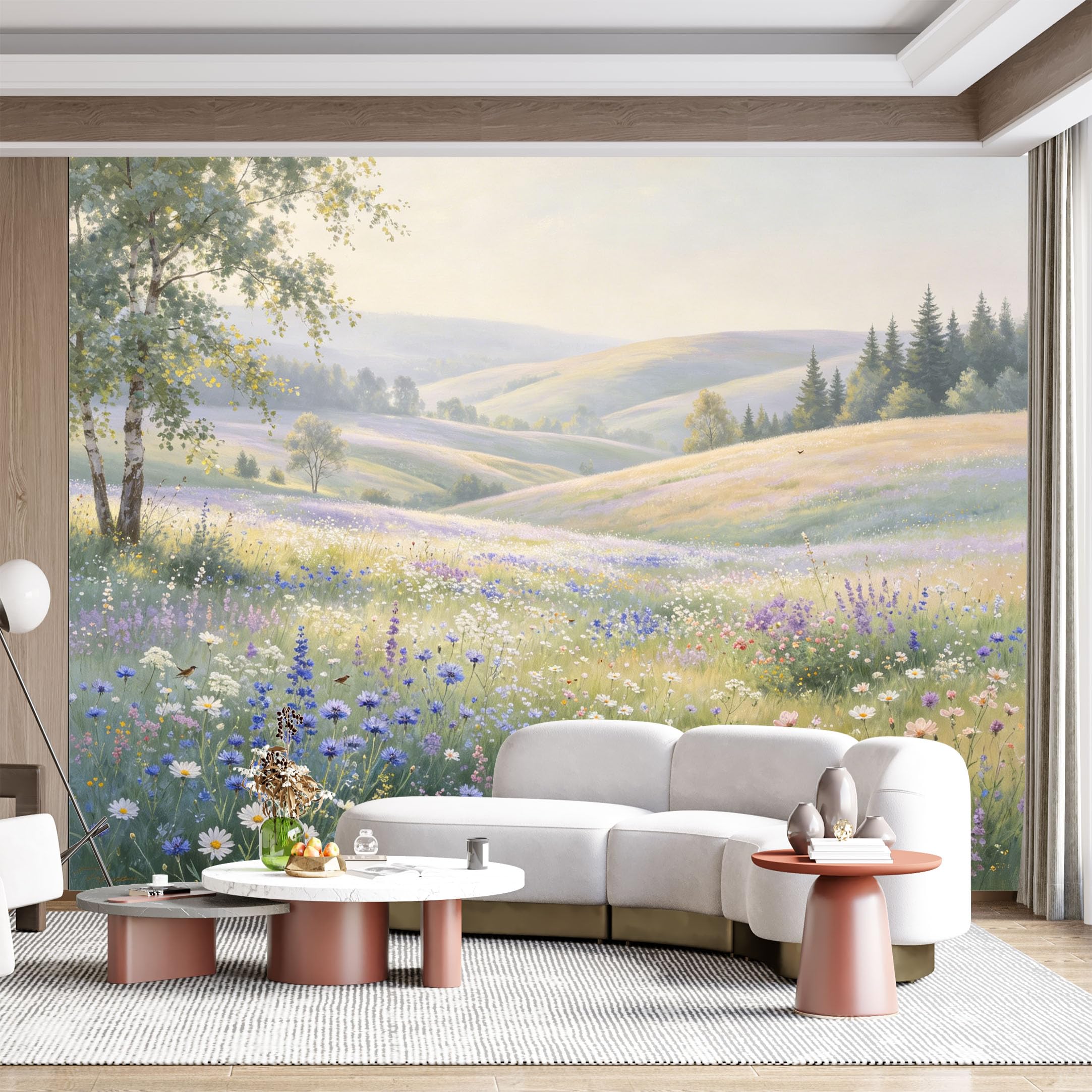 Custom Size Wall Mural Wildflower Meadow Landscape Watercolor Painting SelfAdhesive Wall Fabric Removable for Home Office Decor