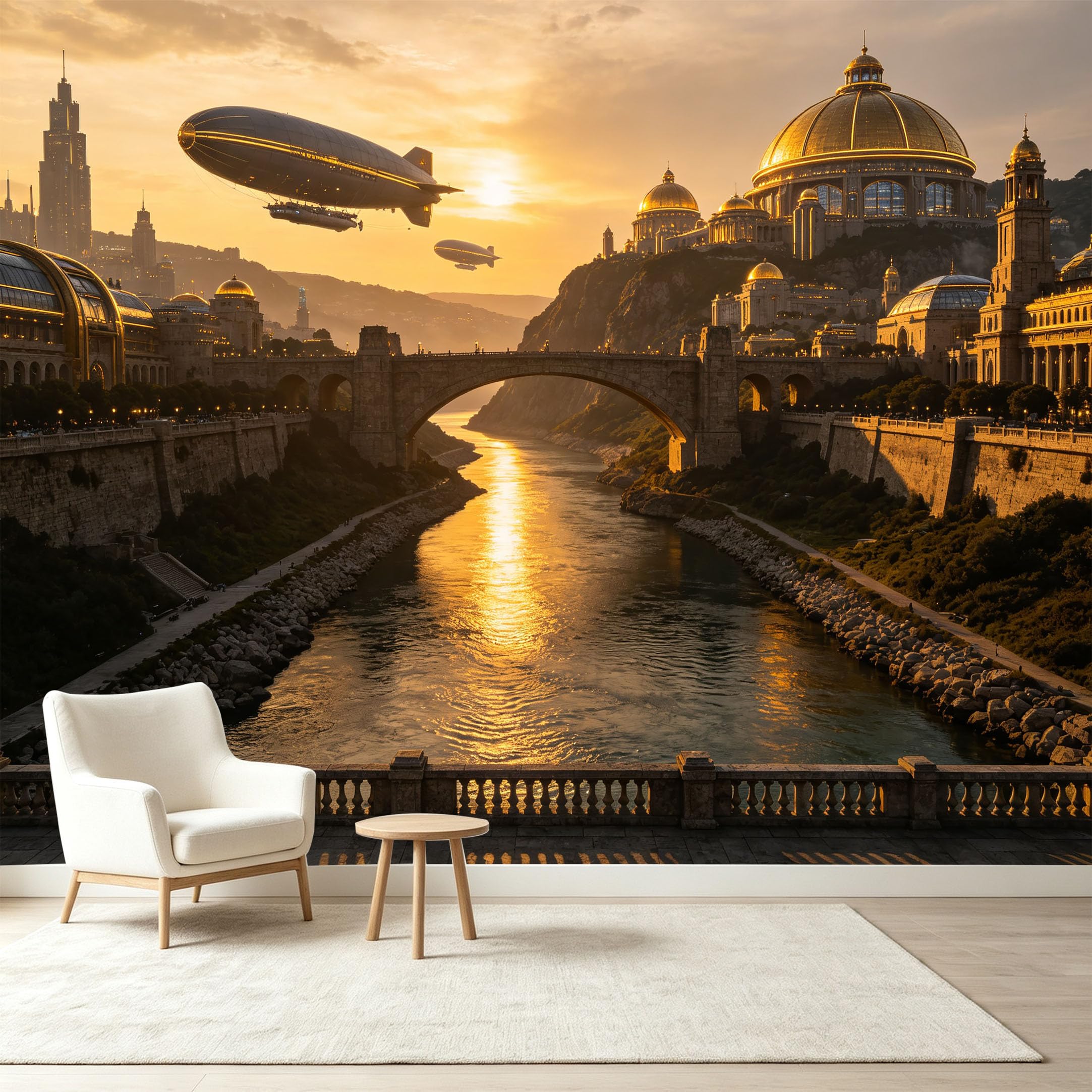 Custom Size Wall Murals Steampunk City Airship Sunset River Bridge Architecture 3D Trompe L'Oeil Self-Adhesive Wall Fabric Removable Wallpaper Wall Decor for Living Room Bedroom Bathroom