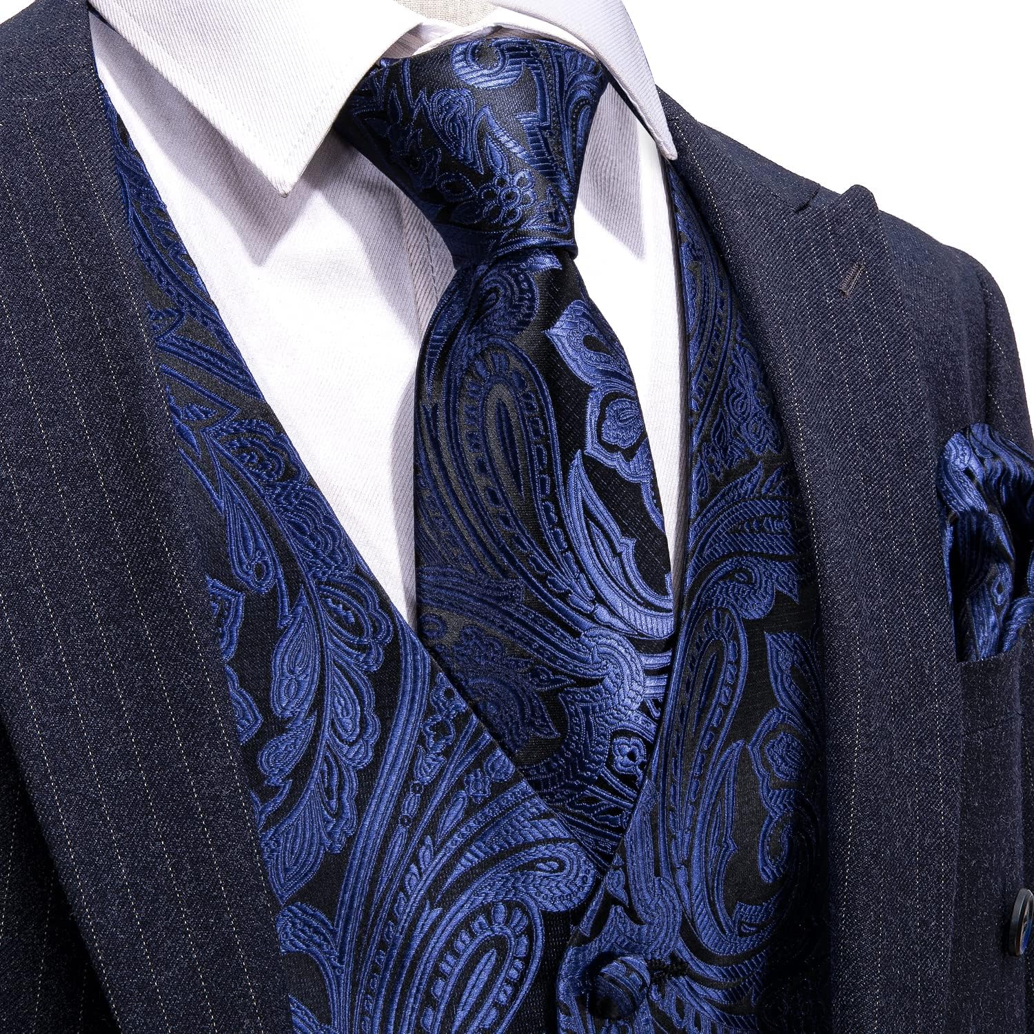 Barry.Wang Formal Men Flower Vest Paisley Jacquard Silk Ties Suit Waistcoat Set Wedding 5PCS - Image 3
