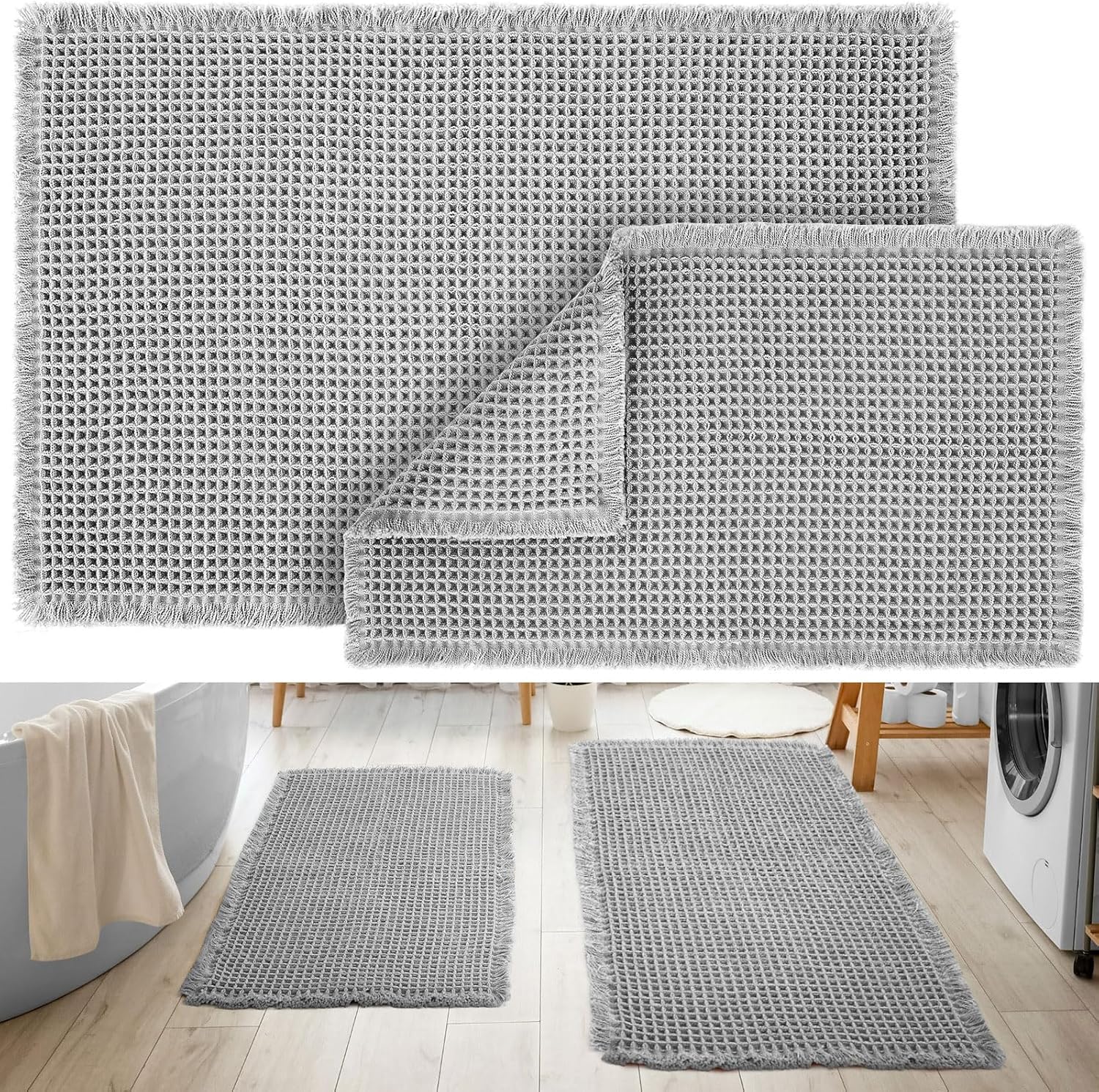 Tinideya Waffle Bathroom Rugs and Mats Sets 2 Pcs Waffle Bath Mat 18 x 30 and 24 x 36 Absorbent Non Slip Machine Washable Bath Rugs(Light Gray)