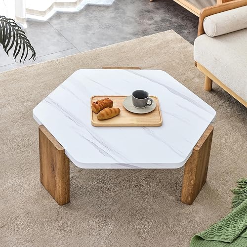 LKTART Mesa de centro hexagonal moderna con mesa de mármol blanco sintético y patas tonificadas de madera, muebles para sala de estar, montaje