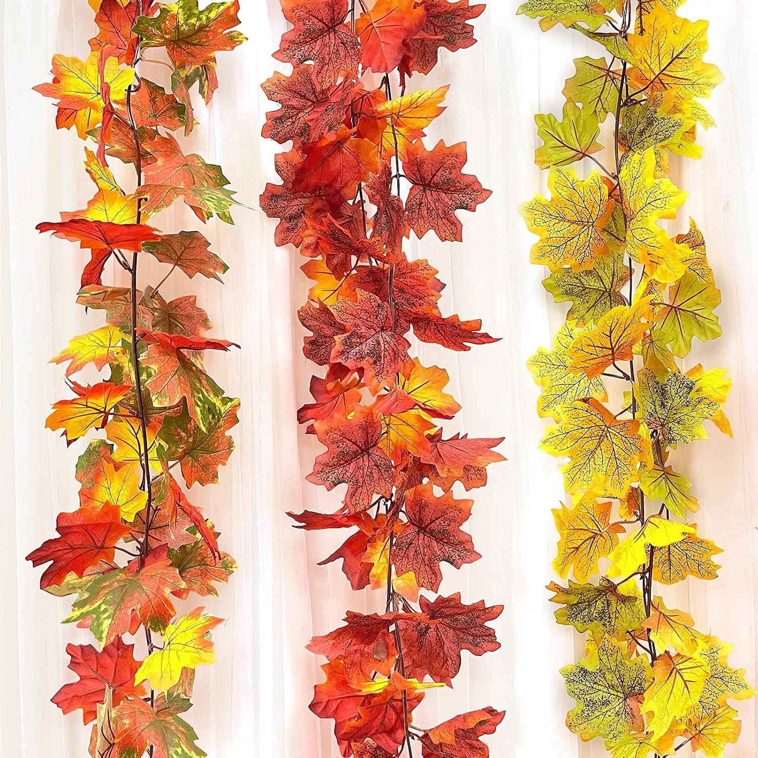 2 Pack Fall Maple Leaf Garland Decorations,Total 11.8Ft Artificial Fall Leaves Hanging Vine Foliage Garland Fall Autumn Thanksgiving Decor Indoor Outdoor Home Fireplace Wedding Party(Orange Red)