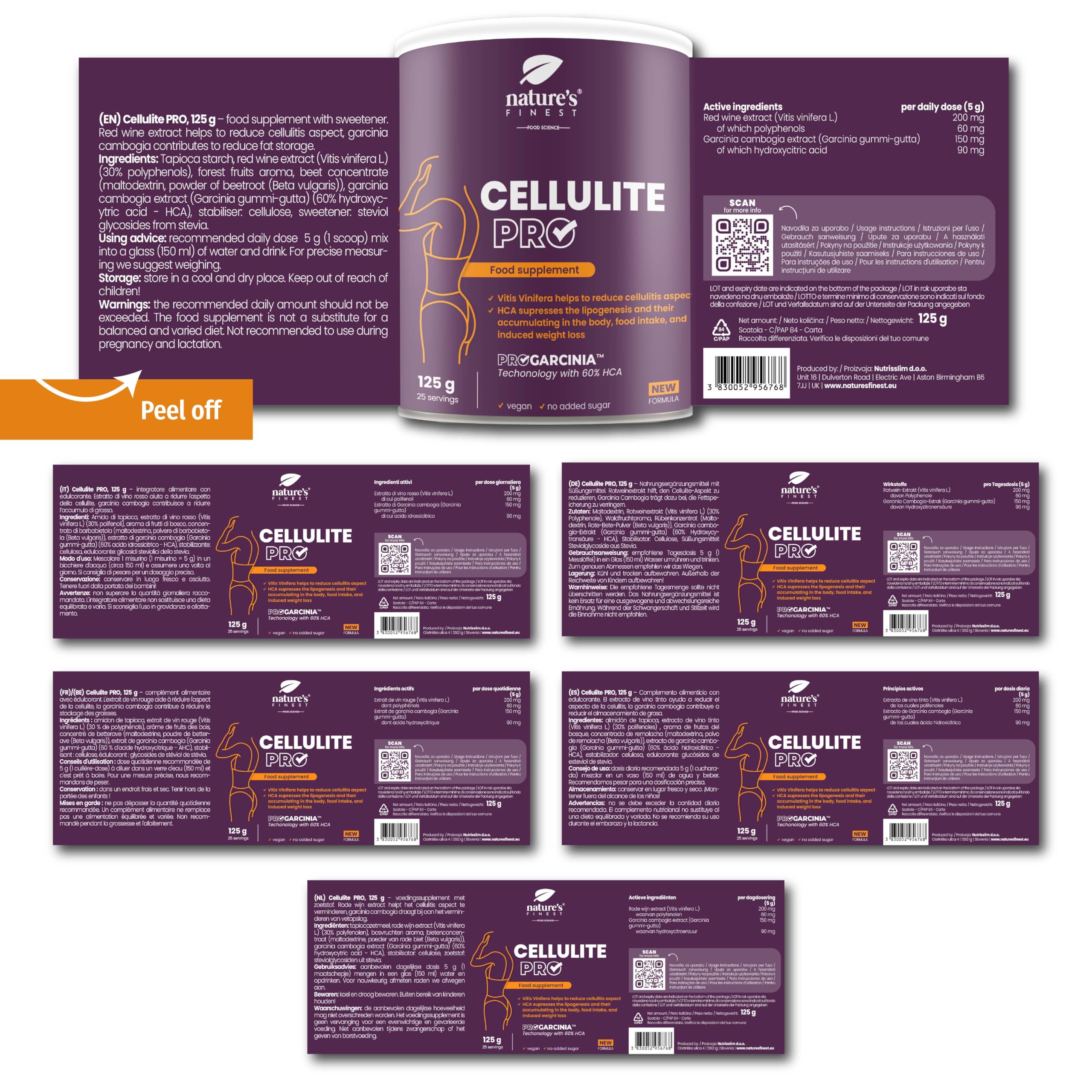 Nature's Finest Cellulite PRO - Quemagrasas y Anticelulitico Reductor Potente - Extracto de Vino Tinto y Garcinia Cambogia - para Adelgazar Rápido y Efectivo Mujer - 100% Natural, Vegano