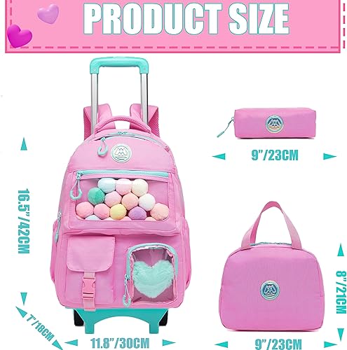 Miniatura 2 de Mochila con ruedas para niñas, mochila con ruedas, mochilas para primaria con lonchera y equipaje, Rosado, Estética
