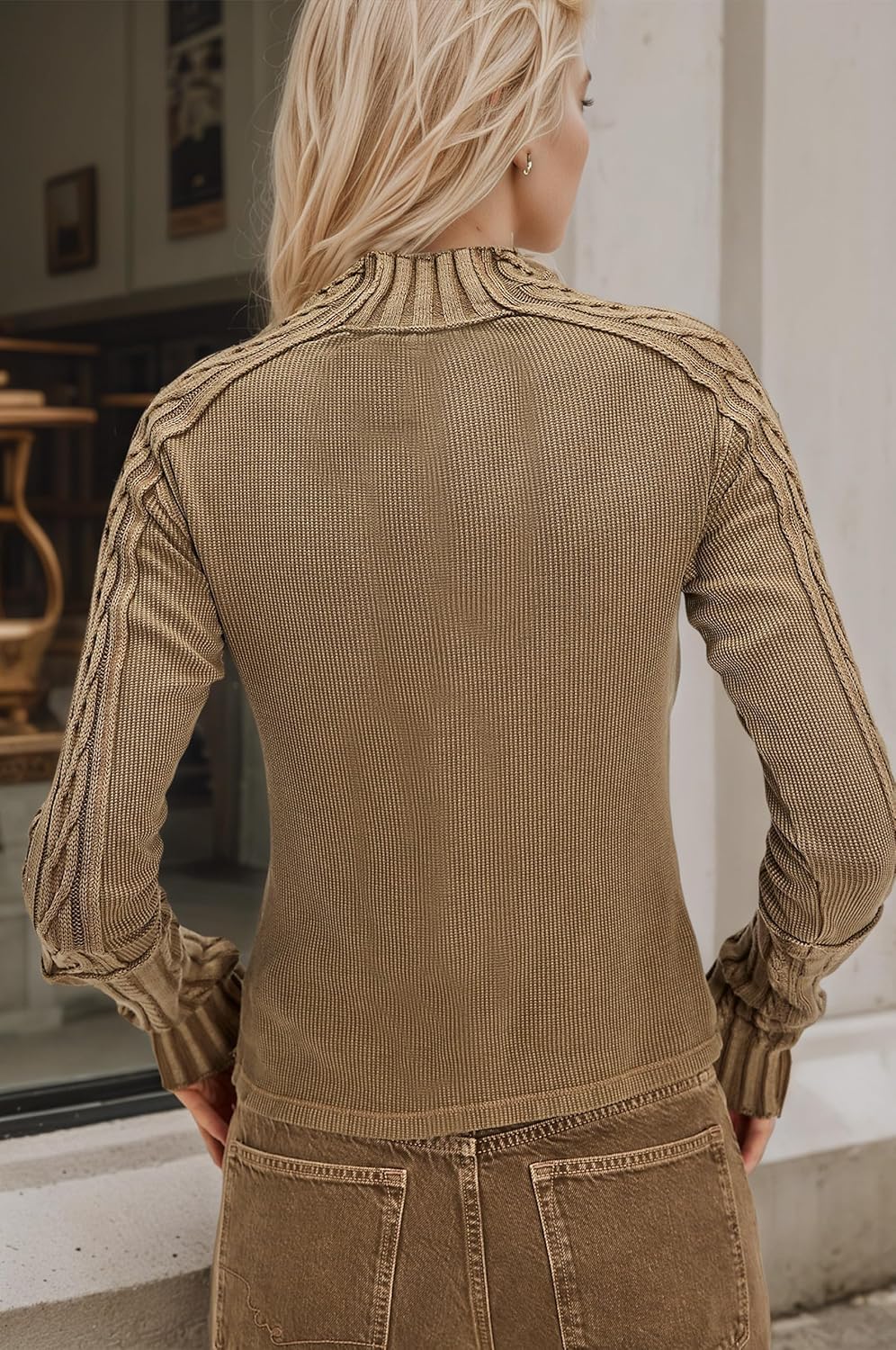 Women Cable Knit Sweaters Mock Neck Long Sleeve Waffle Knit Pullovers Shirts Casual Jumper Tops Fall Winter Clothes - Image 3