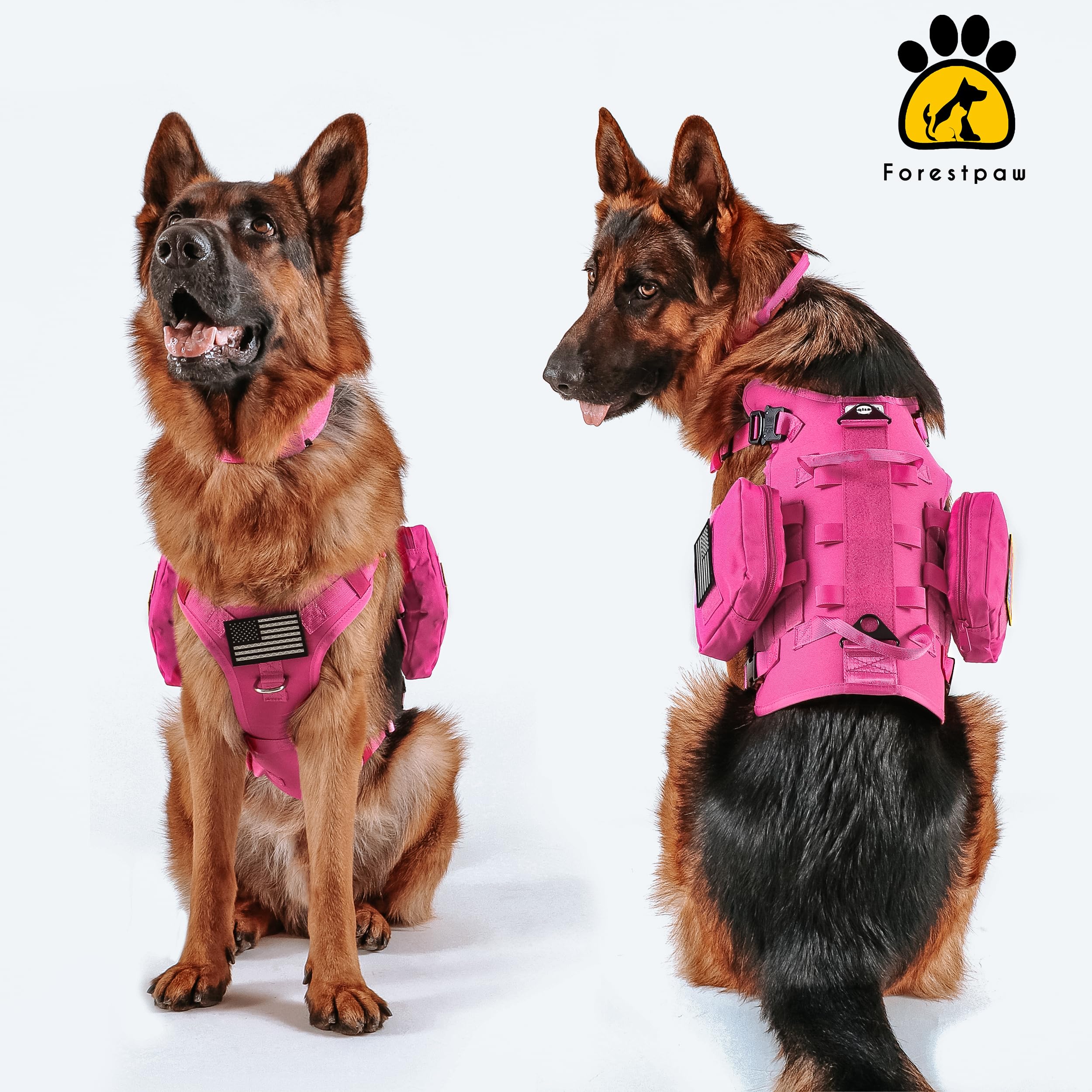 Forestpaw Arnés táctico para Perro de tamaño Mediano, con asa, Estilo Militar sin tirones, con Bolsillos Ajustables para Perros medianos y Grandes, Color Rosa Intenso, Pecho de 21.5-45 Pulgadas
