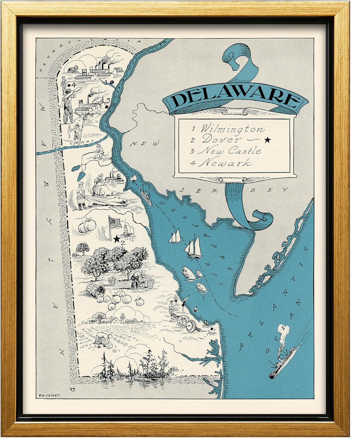 Poster Master Vintage Map Canvas - Retro Delaware State Map Print - Educational Art - Gift for Teacher, Student, Travel Lover - Wall Decor for Classroom, Office, Dorm - 18x24 Gold Framed Canvas