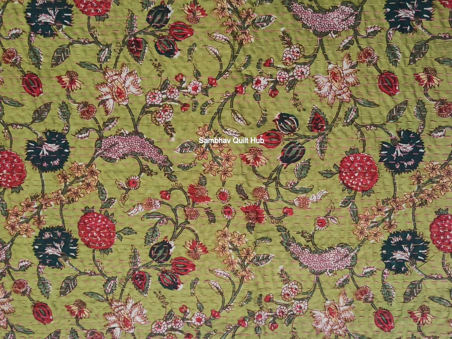 Green Handblock Home Decor Quilt Floral Elephant Print Handmade Quilted Kantha Bedspread Boho Bedding Queen Size/King Size Bed Cover Block Throw Kantha Quilt