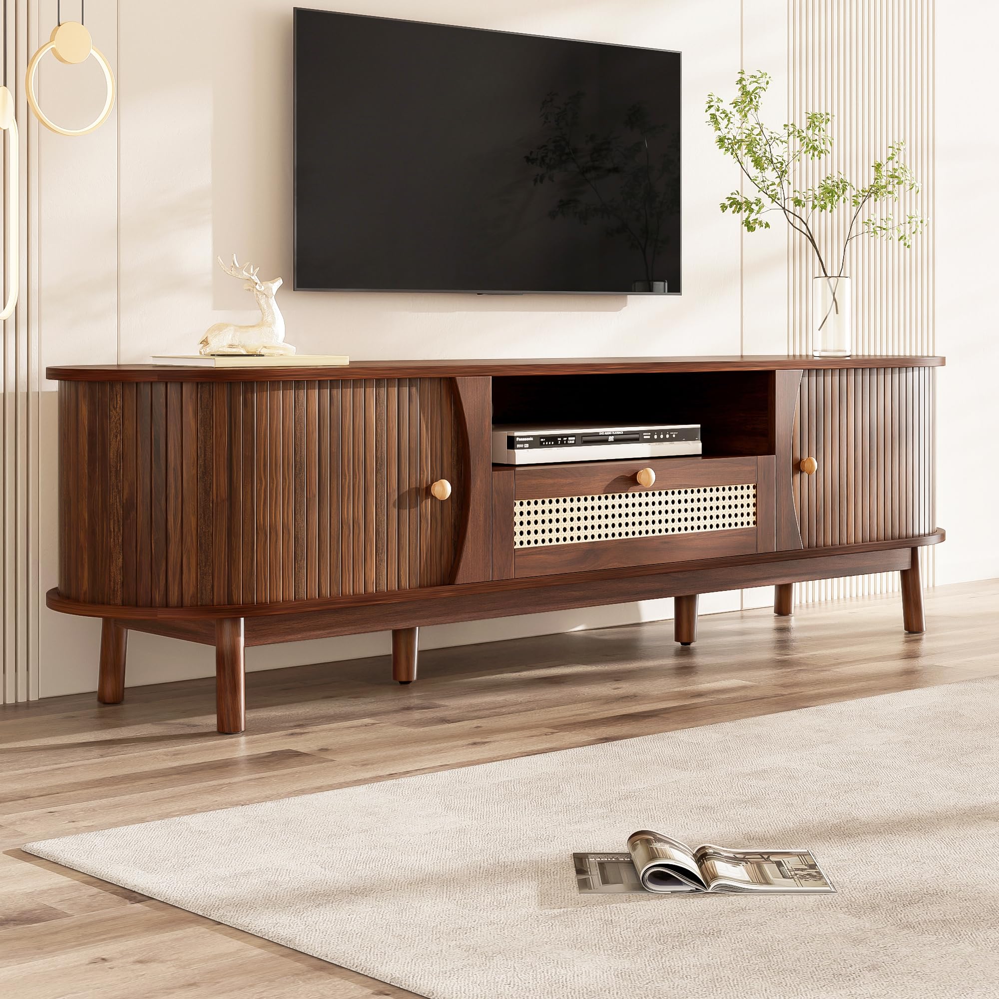 Merax TV-Schrank Rattan 165x37x46 cm, Landhausstil, Massivholztüren & handgeflochtene Schubladen, offener & geschlossener Stauraum, Robustes Wohnzimmermöbel, dunkle Holzfarbe
