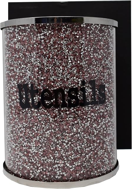 CRYSTAL CROWN® Kitchen Utensil Holders Pink Sparkle Crushed Diamond Filled Pink Metal Frame Round Cylinder 6.3 Inches Height Gift Box