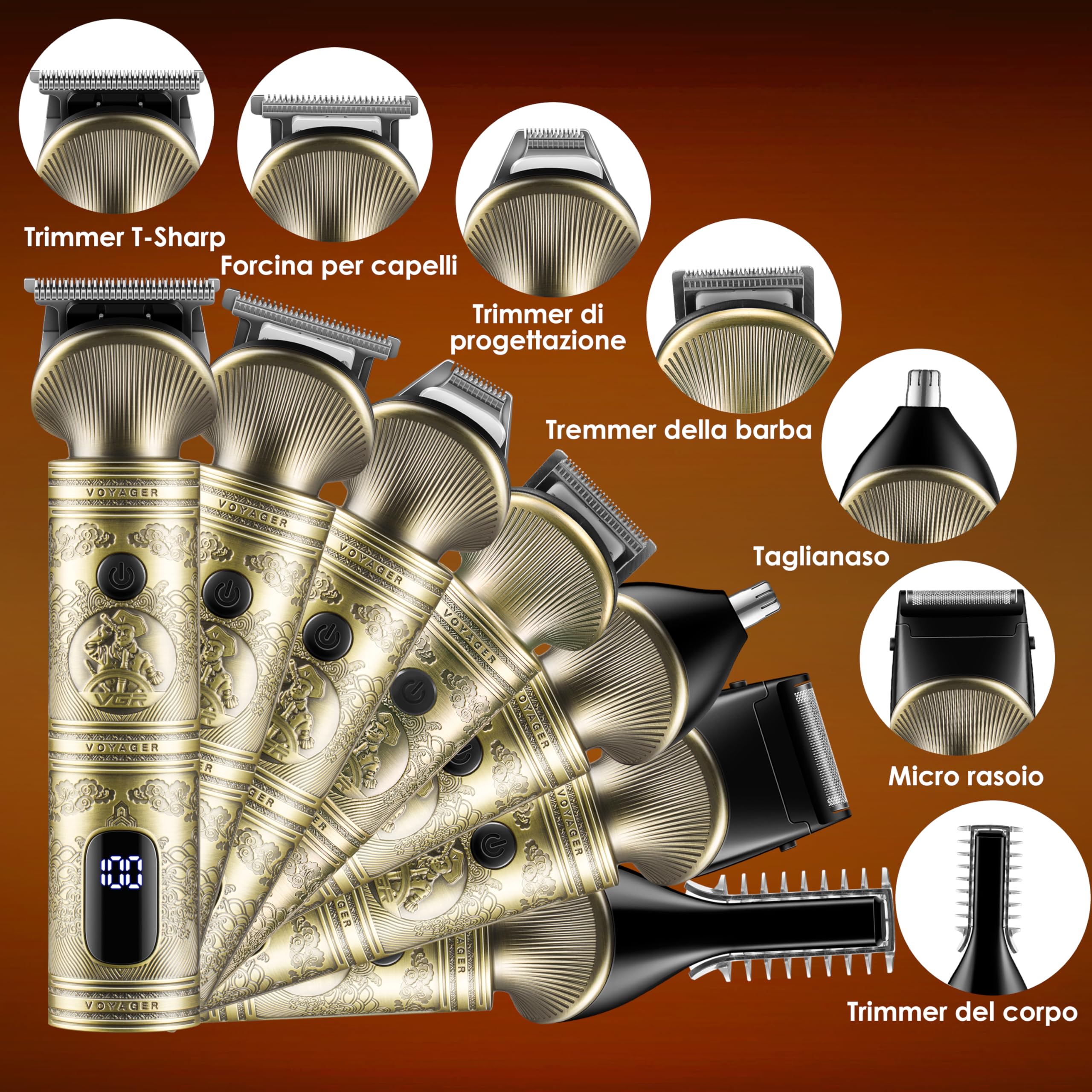 VGR Regolabarba uomo Rasoio Elettrico Barba Capelli Corpo, Kit Completo per la Cura della Barba, Trimmer T-Blade, 7 in 1