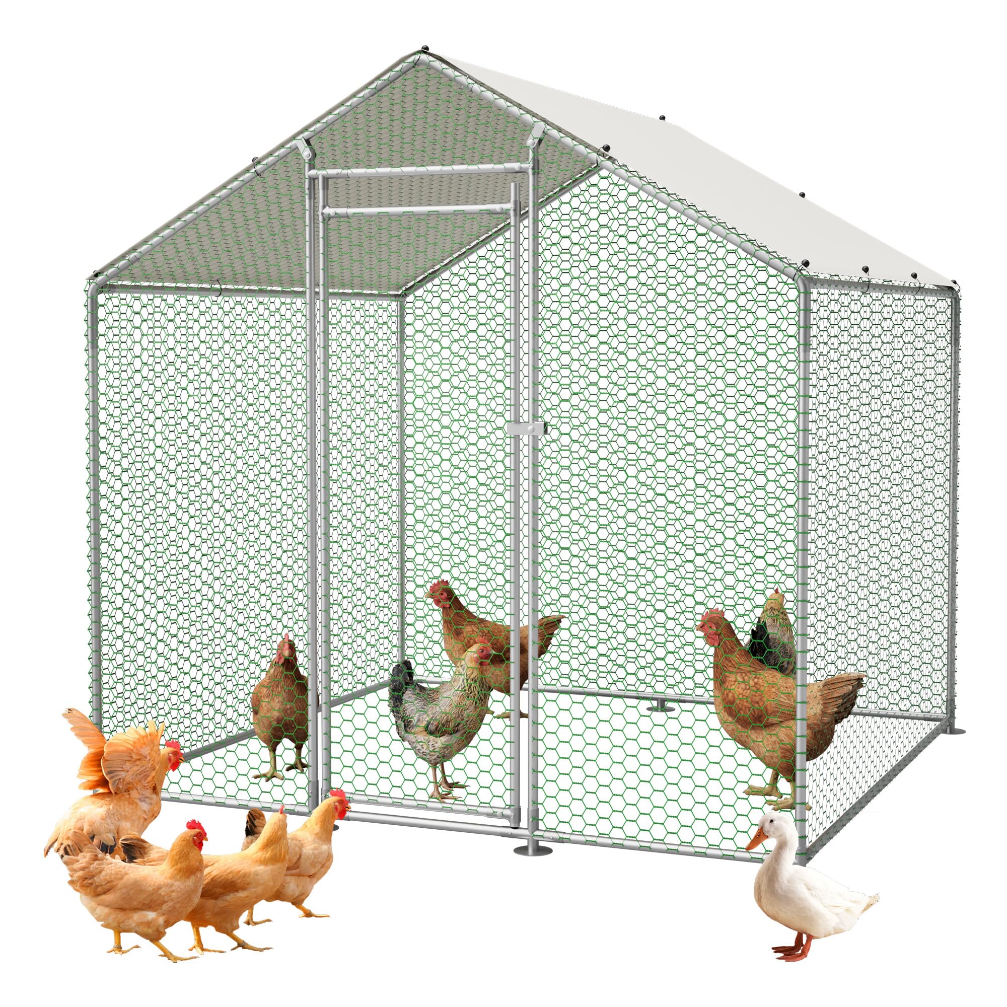 Thanaddo Hühnerstall Metall Freilaufgehege, 2x2 m Freilaufgehege Hühner mit PE-Tuch, Verzinkter Stahl Kleintierstall mit Riegelsystem-Tür für Hühner Haustierkäfig Hühnerkäfig Kleintiere Garten