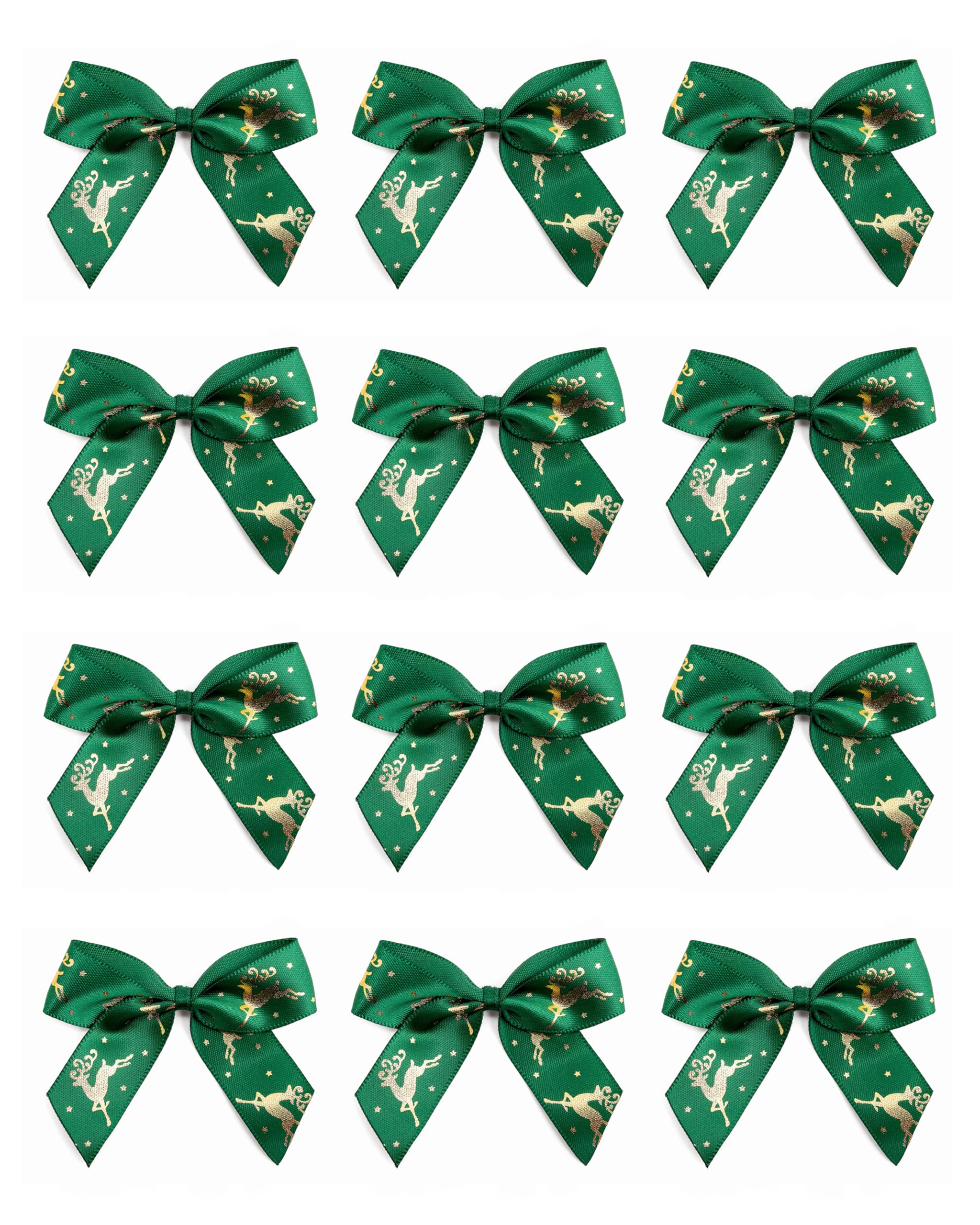 Italian Options Reindeer Stag Ribbon Bows, Self-Adhesive Satin Christmas Gift Bow Decorations for Gift Wrapping, Crafts, Wreaths, Crafting Accessories, Gold Reindeer Green Satin, 12 Pack, 5 cm