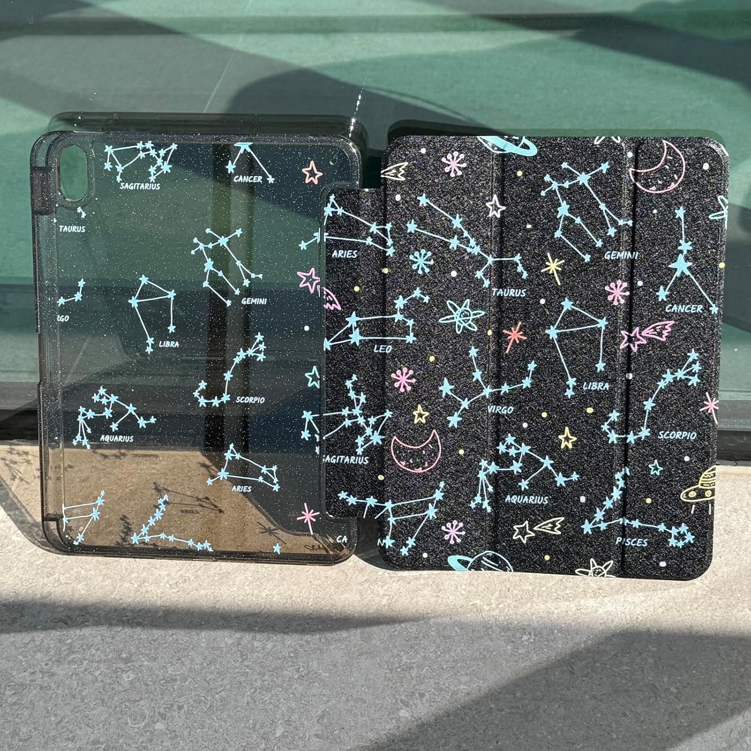 Batianda Glitter Case for iPad Air 13-inch (M4 2026 / M3 2025 / M2 2024) Built-in Pencil Holder - Aesthetic Trifold Cover with Silky Pearl-Sheen Shockproof Clear Sparkle Back, Galaxy Constellations