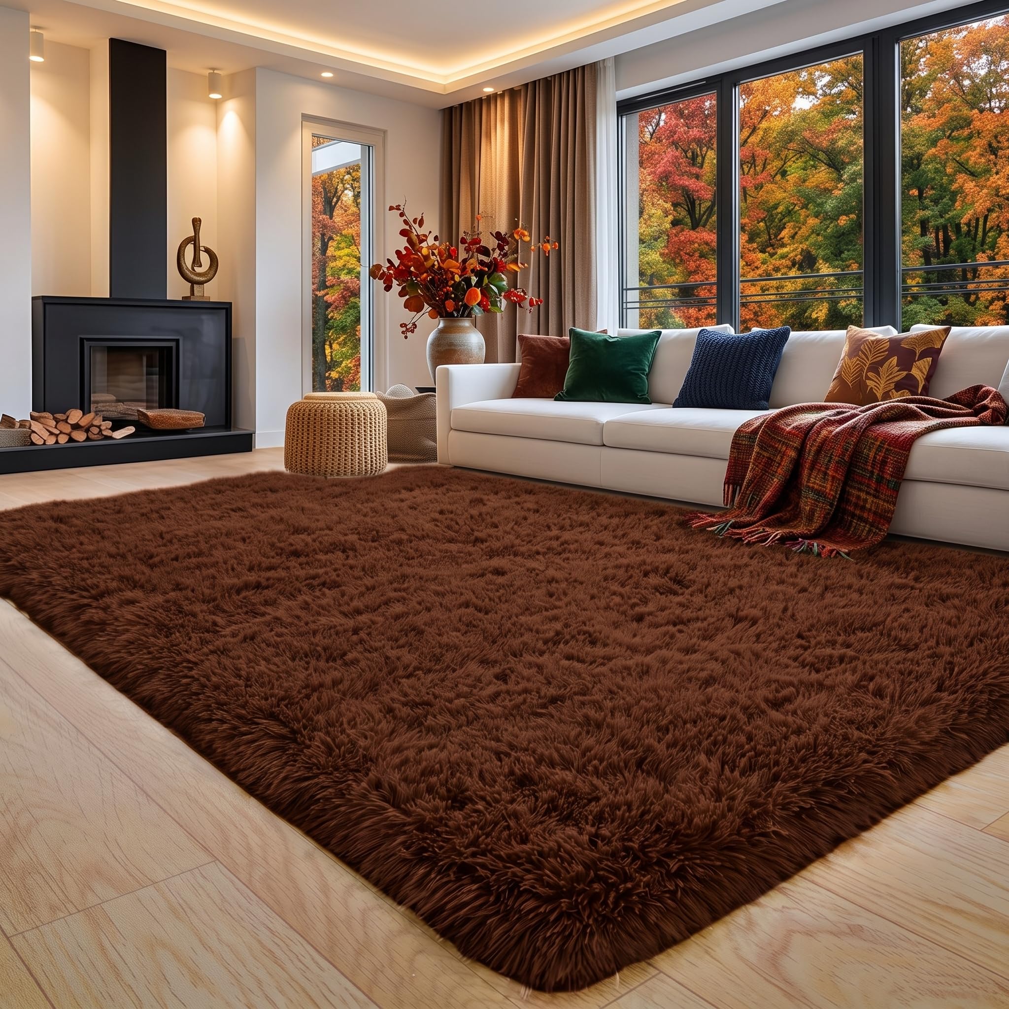 Oxford Homeware Shaggy Rugs Living Room 140 x 200 cm Brown Rug for Bedroom Non Slip Fluffy Carpet Non-Shedding Thick Soft High Pile Rug Kids Room