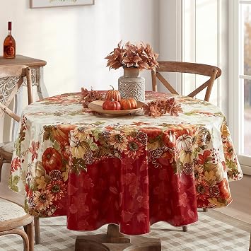 Newbridge Bountiful Fall Harvest Vinyl Flannel Backed Autumn Tablecloth Pumpkin Sunflower Leaf Border Thanksgiving Country Cottage Easy Care, 70 Inch Round Table Cover