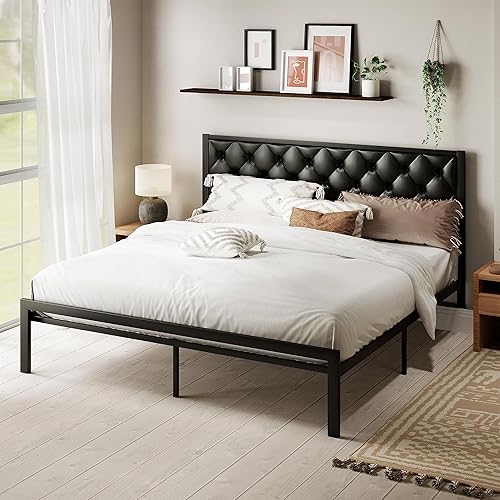 Miniatura 18 de MUTICOR Elegante marco de cama de tamaño matrimonial con cabecera tapizada de piel sintética con botones, listones de metal resistentes, Negro