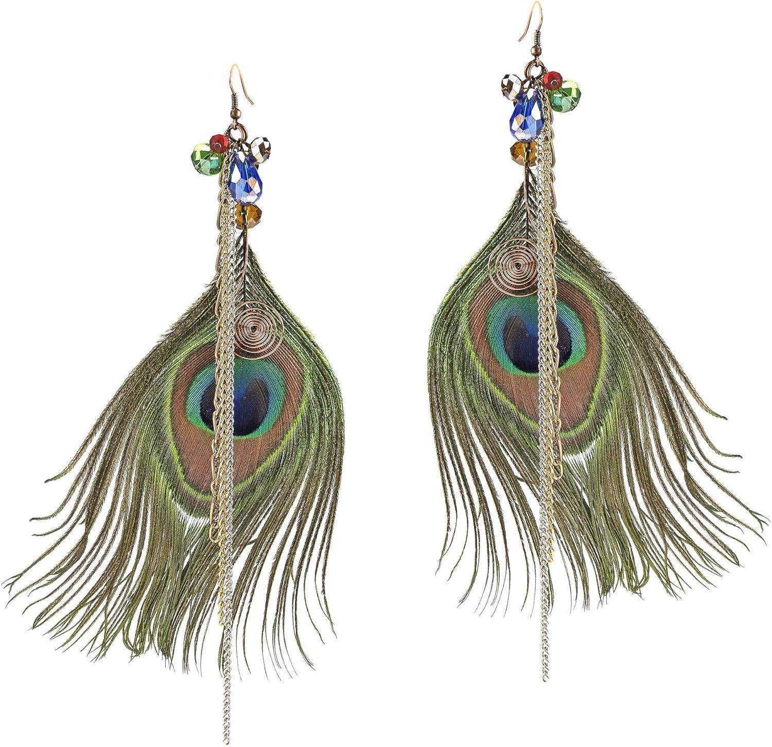 Striking Peacock Feather Statement Crystal Accented Earrings