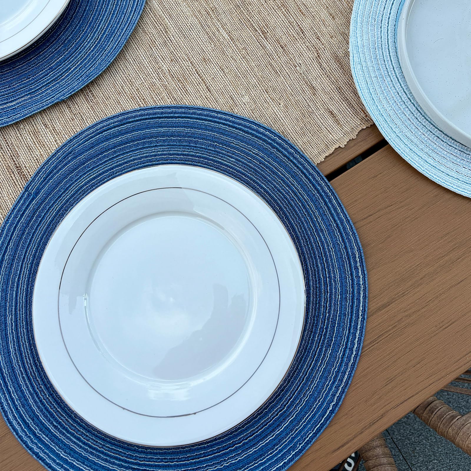 Blue Woven Placemats Set of 8,Washable Wipeable Woven TableMats Set of 8, Rattan Look Placemats,Blue ocen-Like placemats 15 Inch(Blue White)