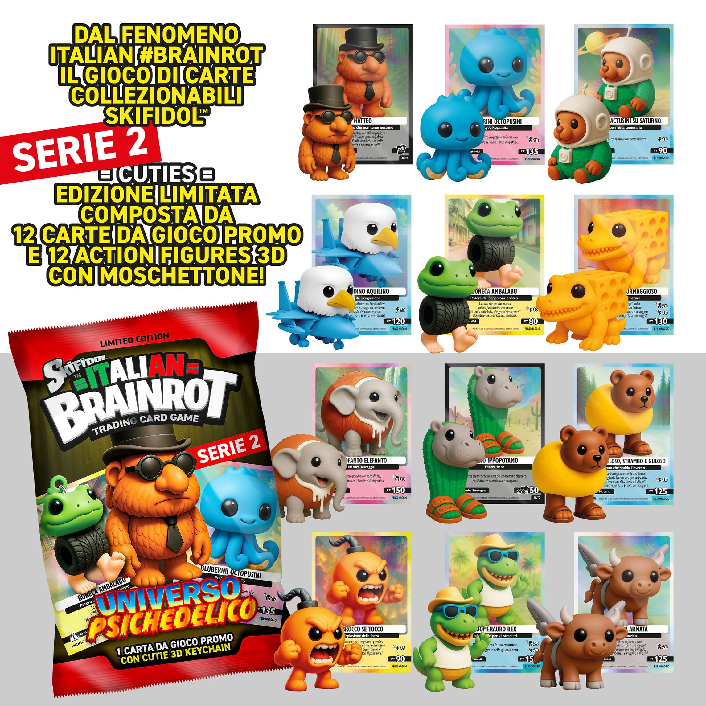 Skifidol 12 Bustine Cards Olografiche+ Personaggi 3D Collezionabili | Serie Italian Brainrot Universo Psichedelico | personaggi casuali | Seconda Serie Novità!!!