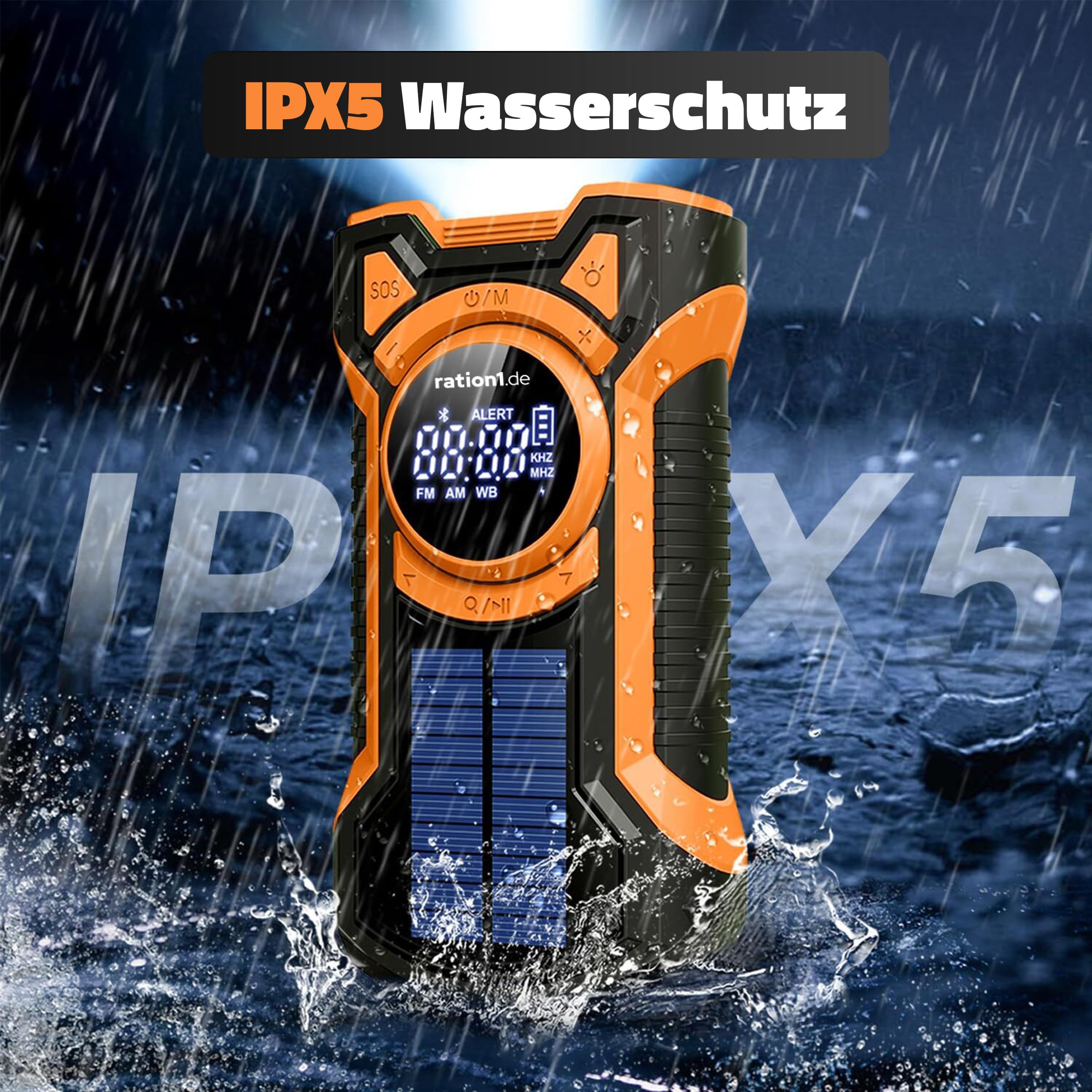 ration1 Kurbelradio mit Solar und Powerbank – Notfallradio mit 5000 mAh, Bluetooth, SOS-Alarm & LED Taschenlampe | AM/FM/WB | IPX5 Spritzwasserfest | Stoß- & Staubgeschützt | Camping Outdoor Blackout