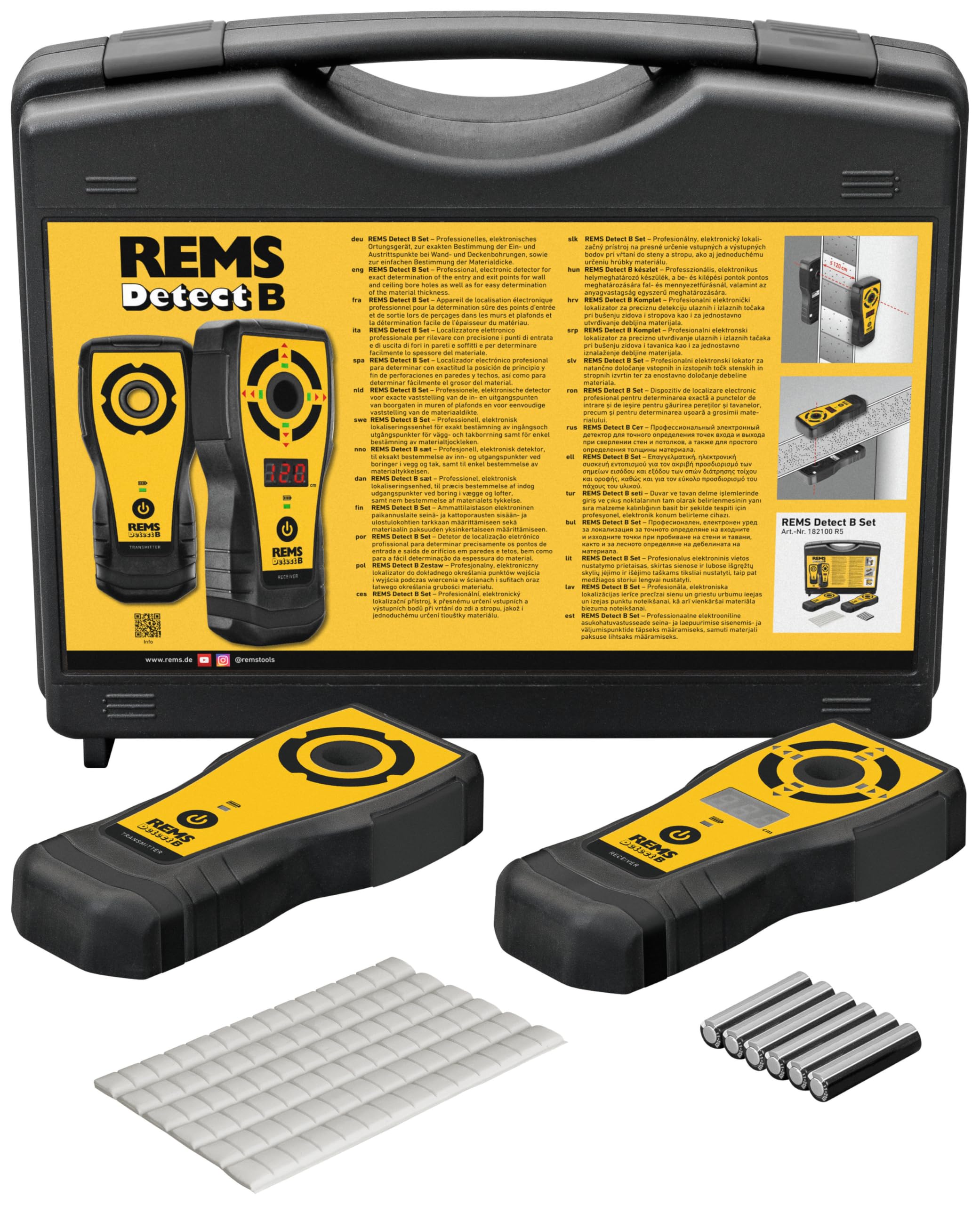 REMS Detect B 182100 R5 - Set (dispositivo di localizzazione del punto centrale, navigazione acustica e ottica, tecnologia LED, punta di allineamento e posizionamento, in valigetta stabile)