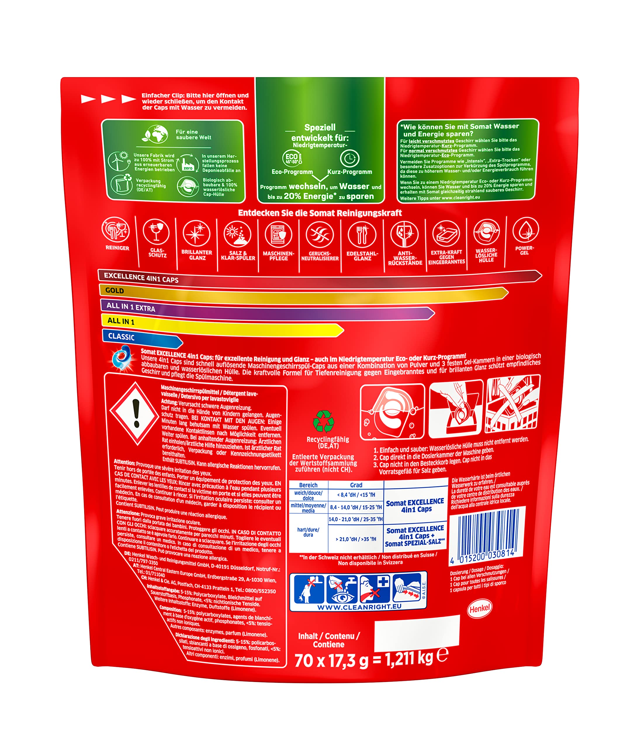 Somat Excellence 4in1 Caps (4 x 70 Caps), schnellauflösende Spülmaschinentabs, Somat Caps für exzellente Reinigung & Glanz sogar im Eco-Programm & bei niedrigen Temperaturen
