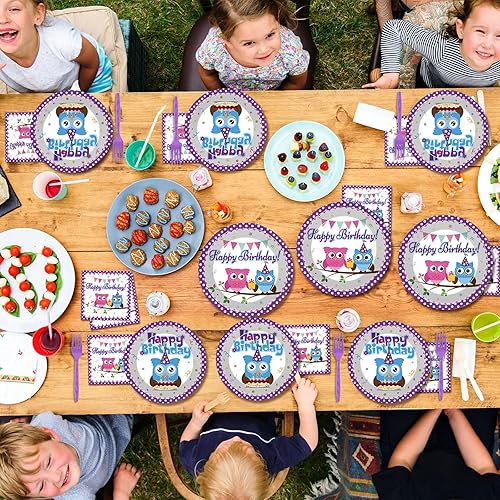Miniatura 5 de 96 piezas de suministros para fiesta de cumpleaños con temática de búho, platos de papel con temática de búho, servilletas, decoración de fiesta de