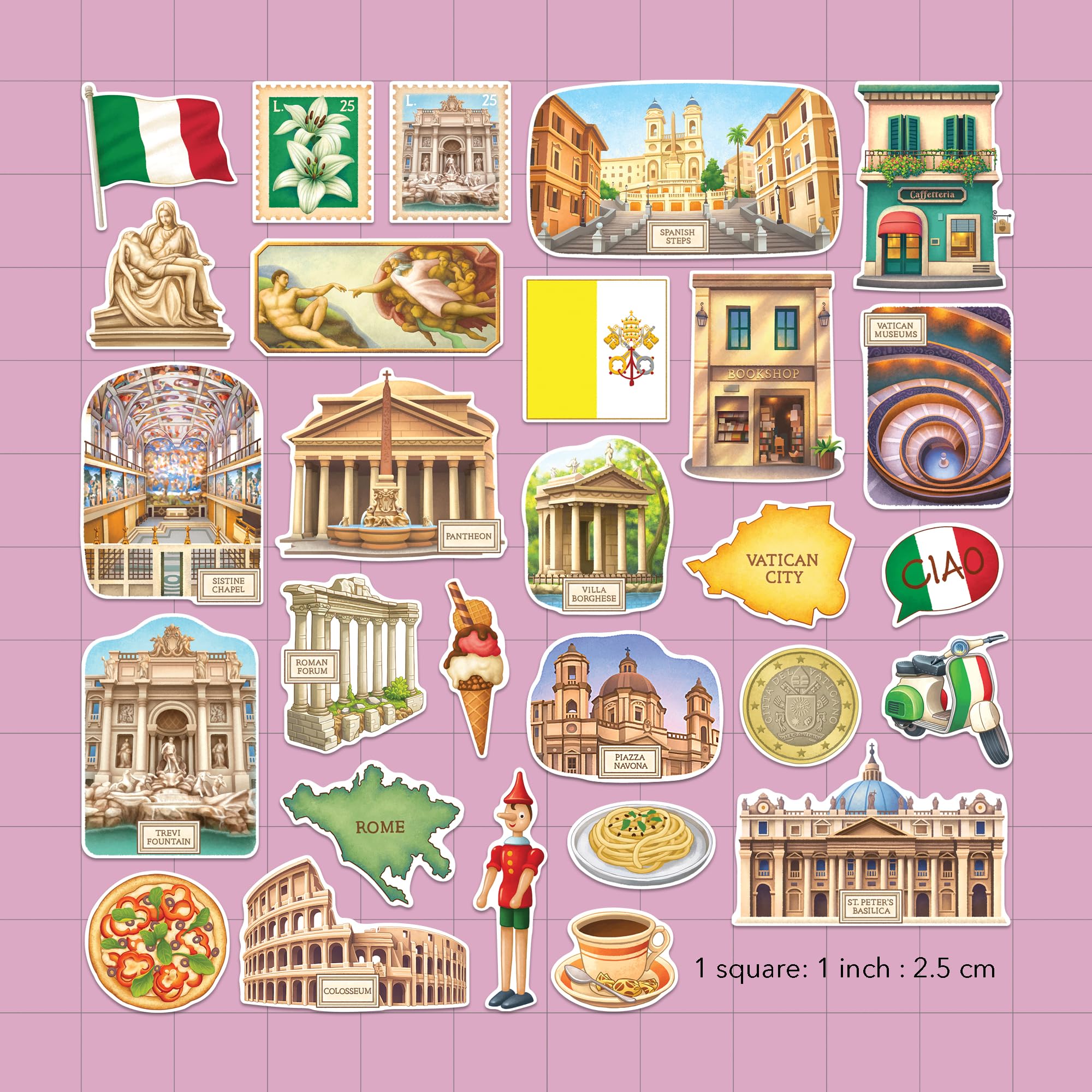 Navy Peony Historical Rome Travel Stickers (28pcs) - Gouache Style, Waterproof, Italy Roman Vatican-Themed Vacation Decals for Scrapbooks, Waterbottle - Image 2