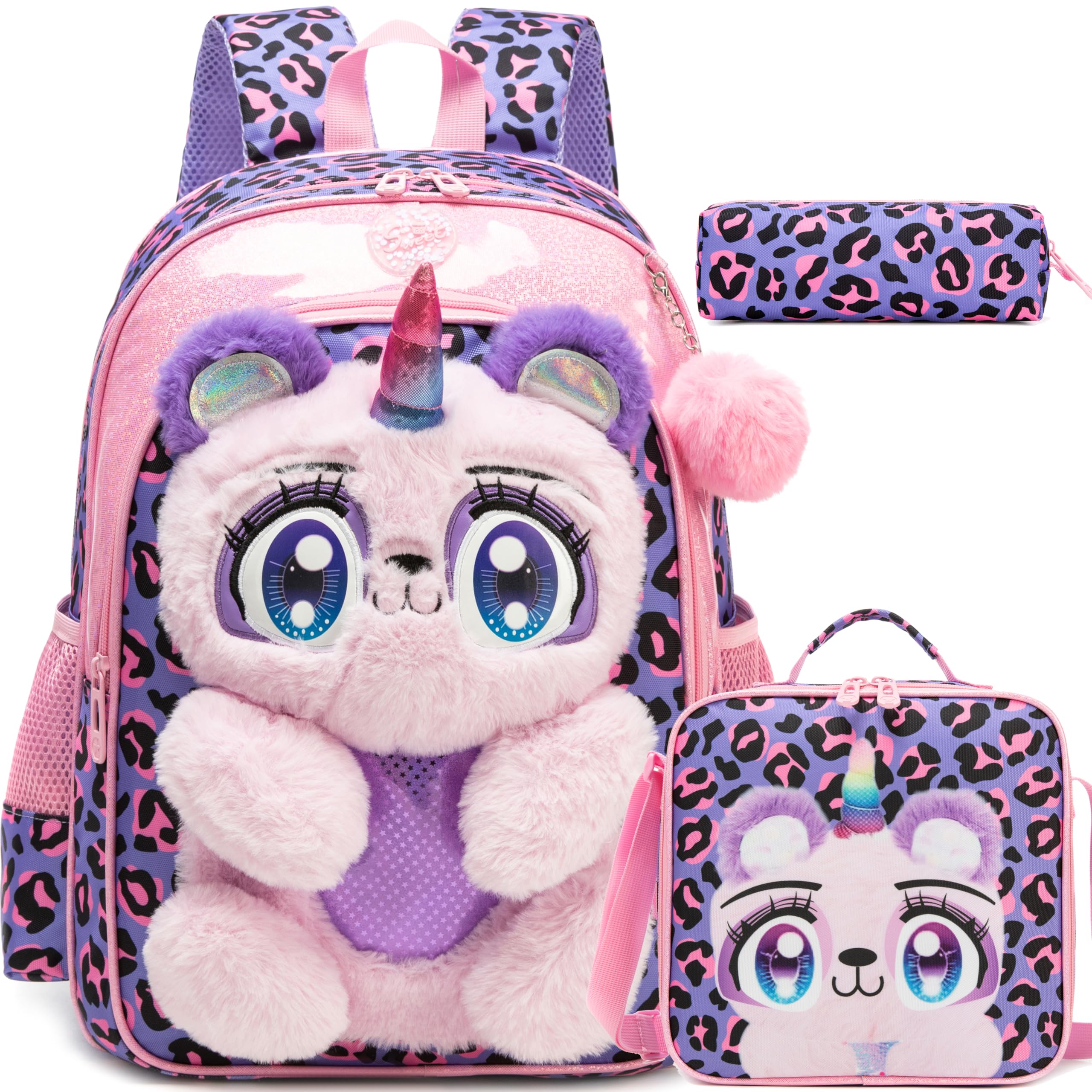 Meetbelify Kids Backpacks for Girls School Backpack with Lunch Bag Pencil Case for Elementary Student 3D Carton Plush