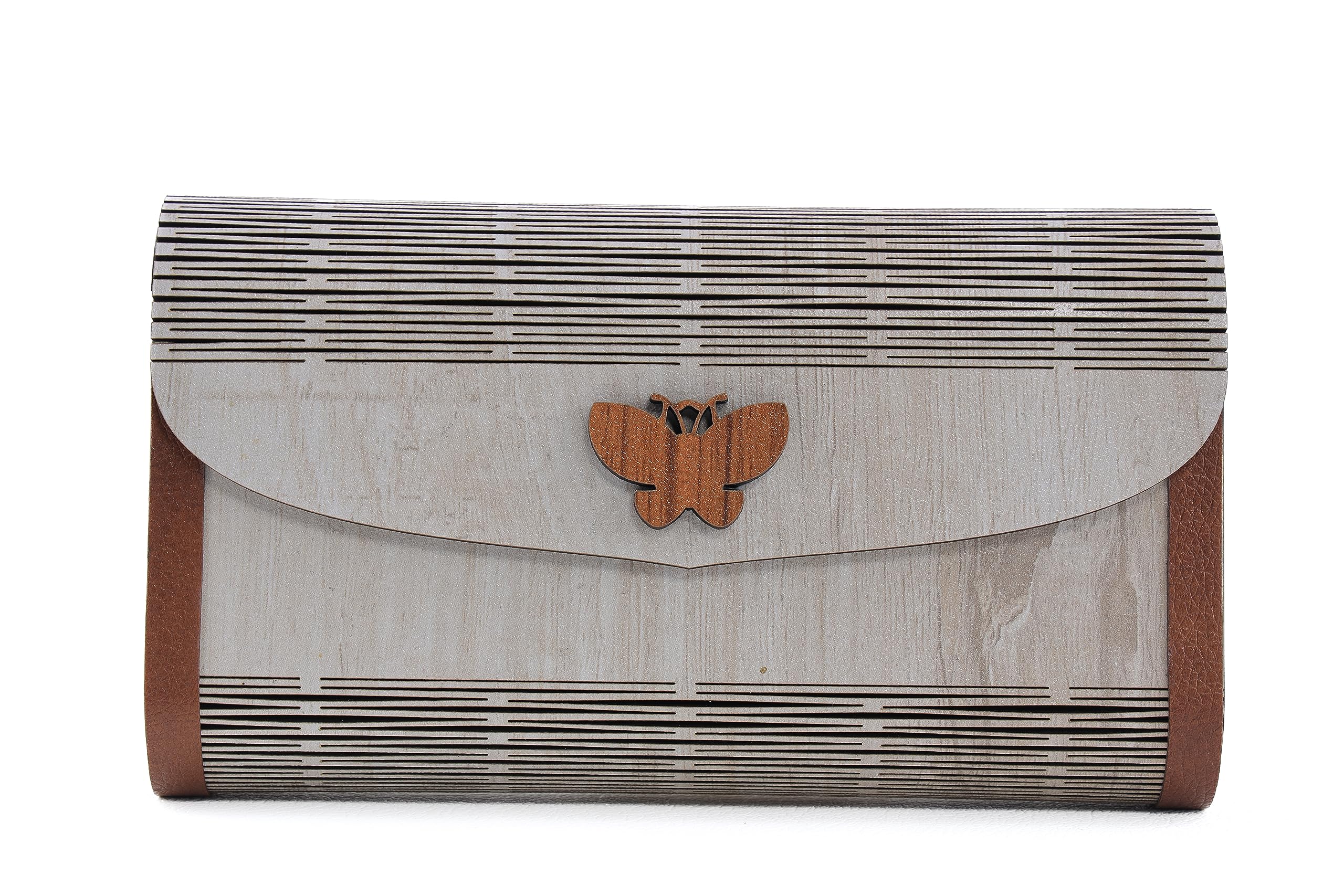 GSTORE Wooden Prelim Purse Clutch Bag Ladies Wallet, Light Weight Unique Handbags for Woman, Girls Laser Art | White Prelim