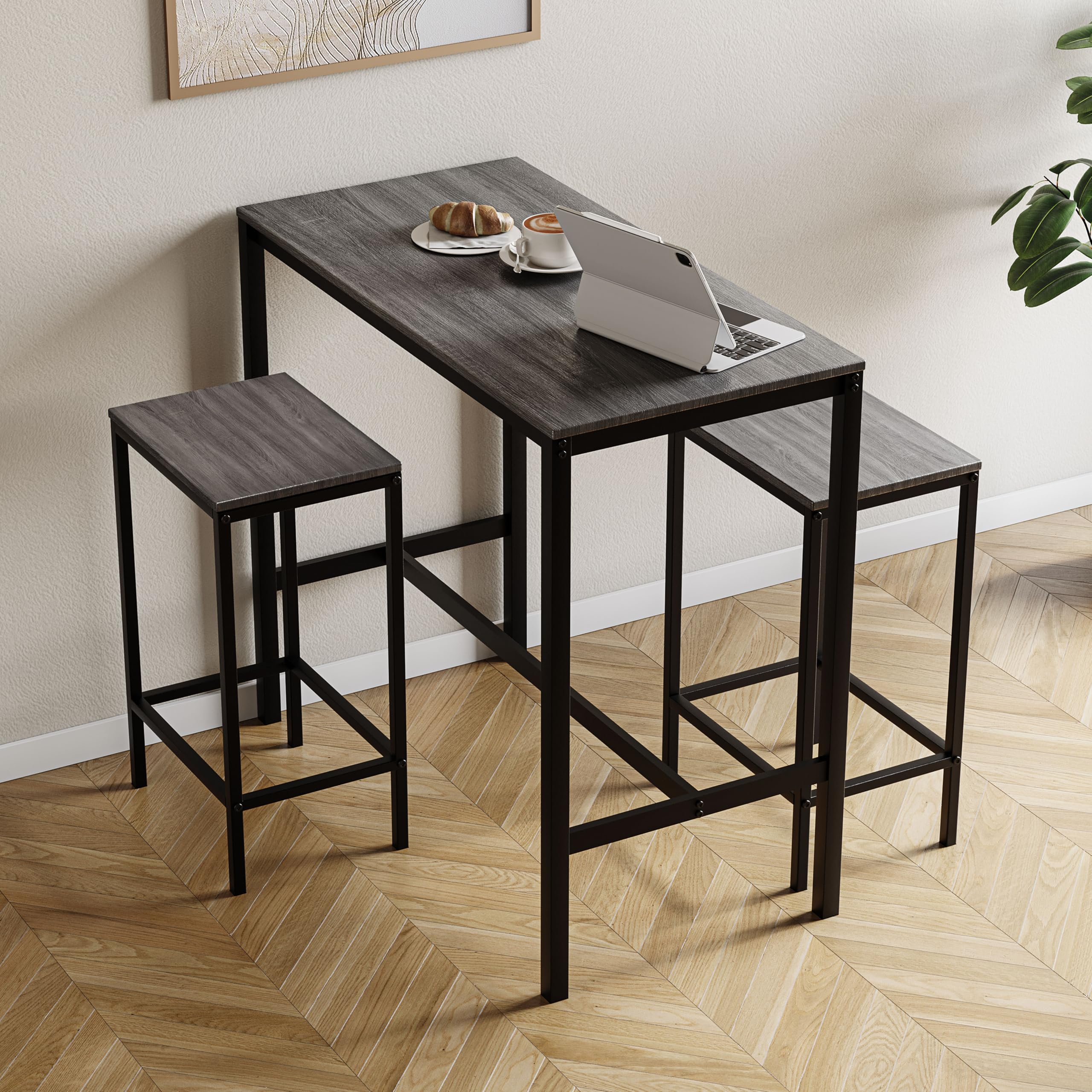 Vida Designs Roslyn 3-Piece Table Set with 2 Stools/Chairs, Compact Design for Dining, Kitchen, Breakfast Bar, Apartment, Balcony, Garden with Industrial Steel Frame, H90xW100xD50cm (Grey)