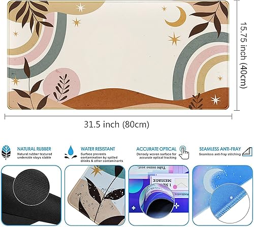 Miniatura 3 de Tapete de escritorio bohemio, alfombrilla de mouse grande con plantas retro abstractas, XXL para juegos, 31.5 x 15.7 pulgadas, color marrón y gris,