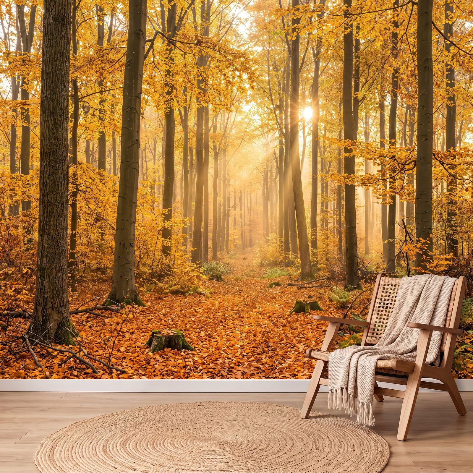 Fototapeta 3D 350 x 256 cm (szer. x wys.), tapeta z włókniny, do sypialni, salonu, wiejska, rustykalna tapeta z włókniny, tapeta ścienna, fototapeta, dekoracja ścienna, pokój dziecięcy, las, jesienne
