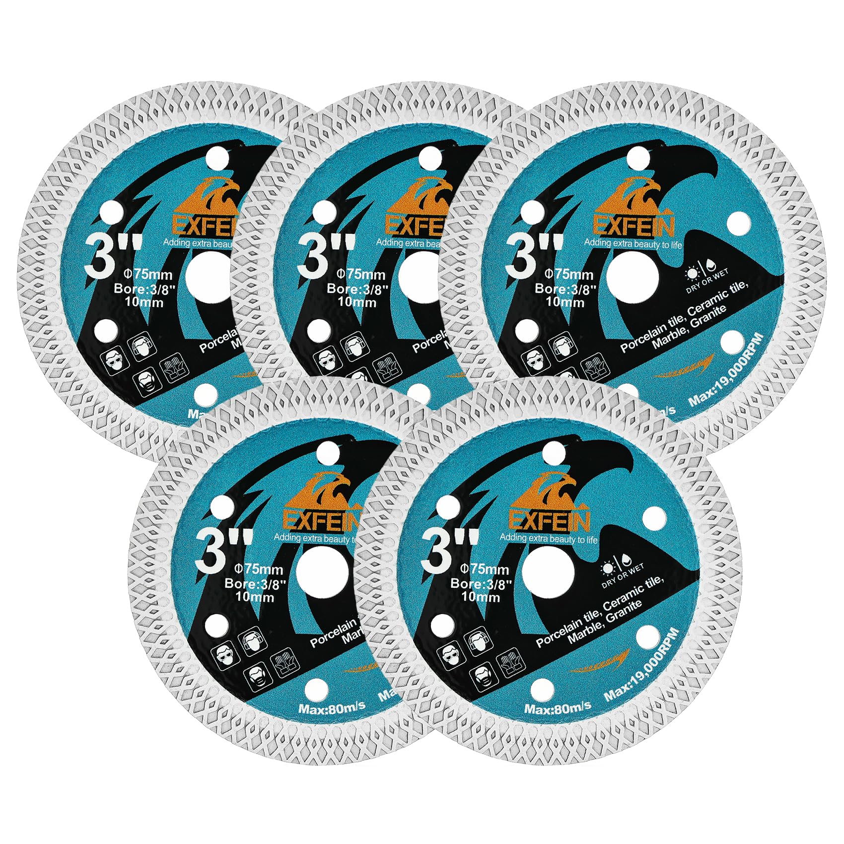 EXFEIN 3 Inch Tile Disc 5pcs, Super Thin Diamond Cutting Disc for Cutting Porcelain Tiles Granite Marble Ceramics Diamond Disc